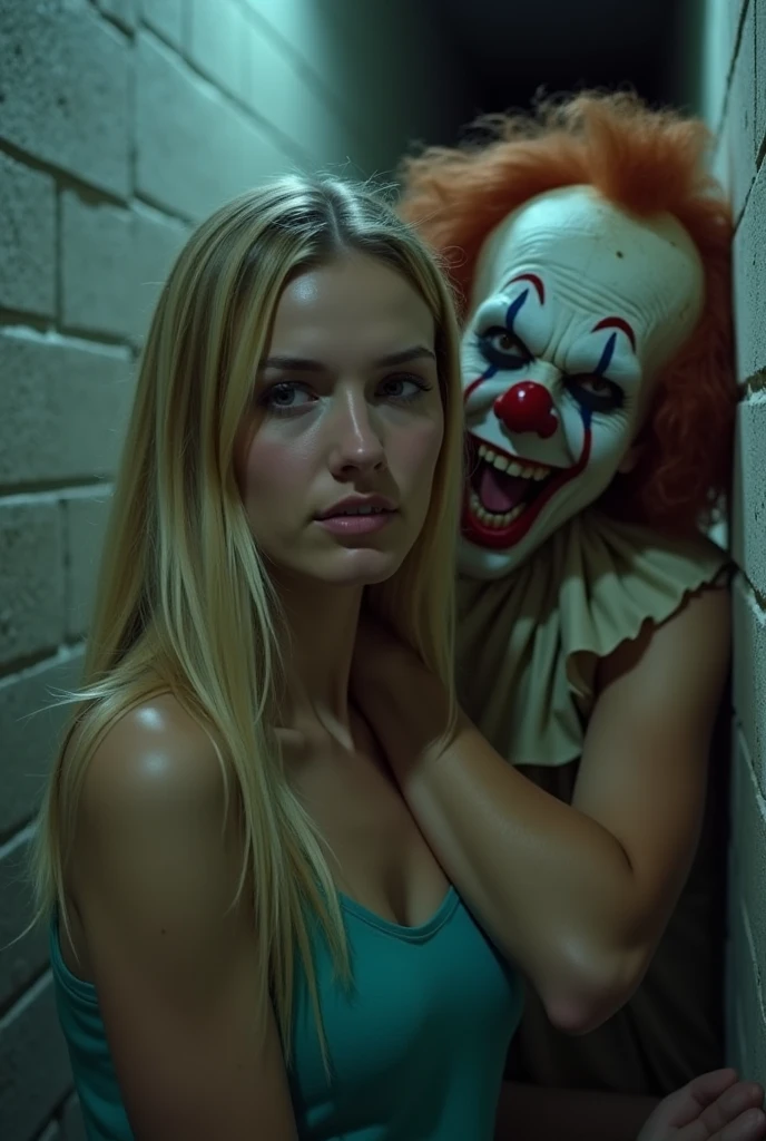 A terrified Taissa Farmiga running away from Jessica Lange and Sarah Paulson in witch clown costumes, high-quality detailed portrait, realistic, dramatic lighting, cinematic composition, intense shadows, horror, supernatural