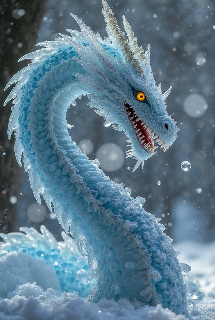 White dragon head with blue spitting ice frost flames 