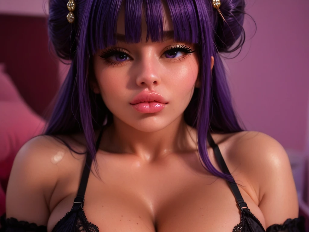 In a dimly lit bedroom with soft, warm lighting, a stunning young busty woman sits on the bed, her long black hair glistening in the glow. She wears a sparkling black side-tie bikini that seems to shimmer and shine like bioluminescent paint, matching the radiant violet hue of her eyes. Her expression is sultry, with mesmerizing eye contact that draws the viewer in. Her breasts are perfectly rounded, with a subtle sag that adds to their allure. As she kneels forward, her legs spread invitingly, showcasing her confidence and sex appeal. The watercolor-inspired hues on her skin blend seamlessly, creating a photorealistic effect that's almost too beautiful to be real. (Detailed eyes,Long eyelashes,Bright and colorful iris,Expressive eyebrows,Blend eyeshadow perfectly,Eyes sparkle,Reflective eyeballs, Heterochromia)