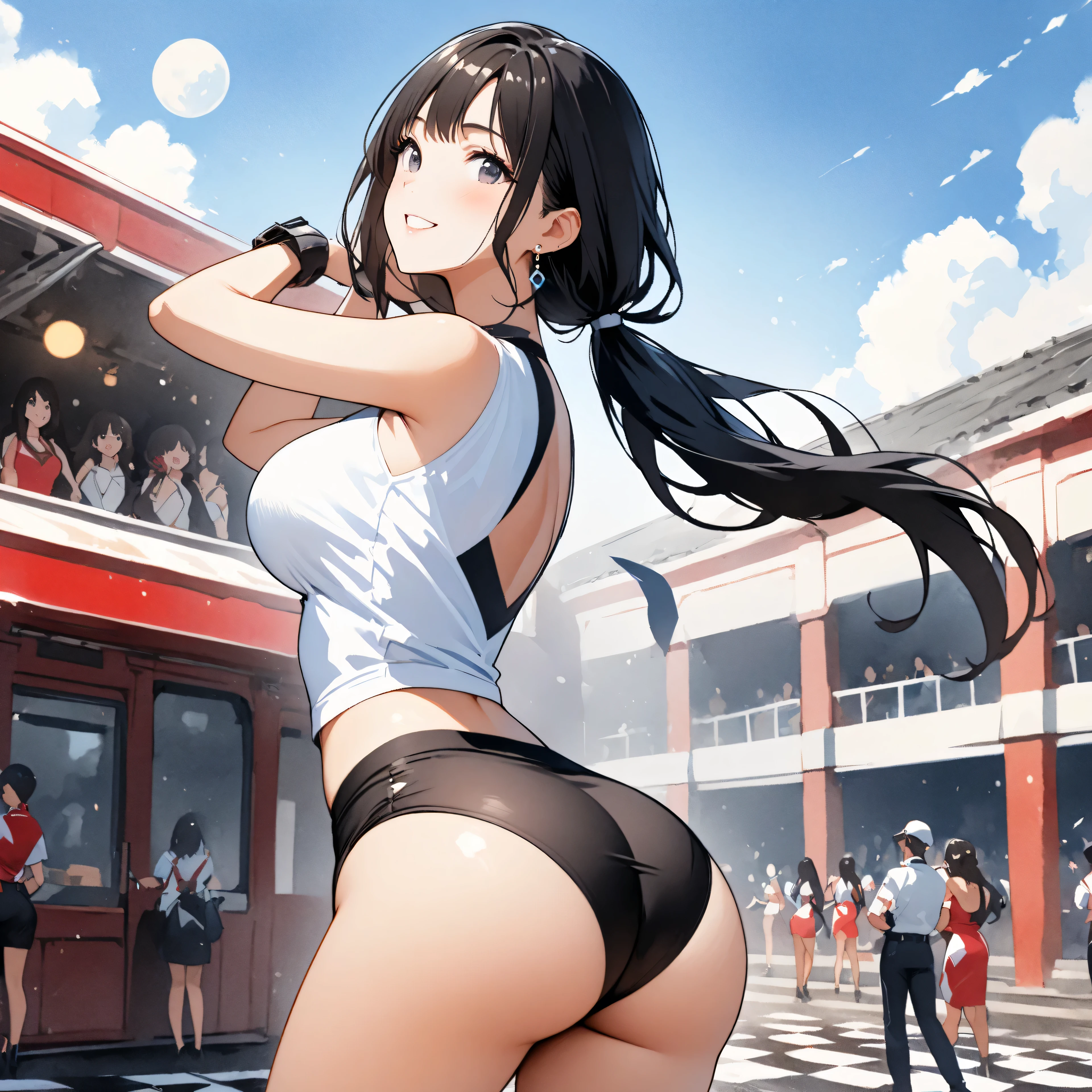 top quality、 super high accuracy 、Detailed drawing、art、Watercolor style illustration、 bright colors、vivid、alone、 beautiful girl 、Age 30、vast asphalt、 beautiful ass at the old train station、High Leg Cut 、Twist your waist、beautiful big 、cleavage、Soft body、bending forward、backshot、Race Queen Costumes 、 silver and black bikini、Ultra Miniskirt、fit shirt、luster、Banzai pose、Delighted、Brown Pantyhose 、Pantyline、Meshed cloth,Sponsor logos、 smooth hair、blue low ponytail、 Swelling、 live stage 、 audience seats、 horizon 、blue sky、 moon、cloud、 Flowers fluttering down、 Smile、close your mouth、 beautiful figure 、 Checkered flag、slender body 、 accurate description 、 accessories 、 earrings for a woman alone