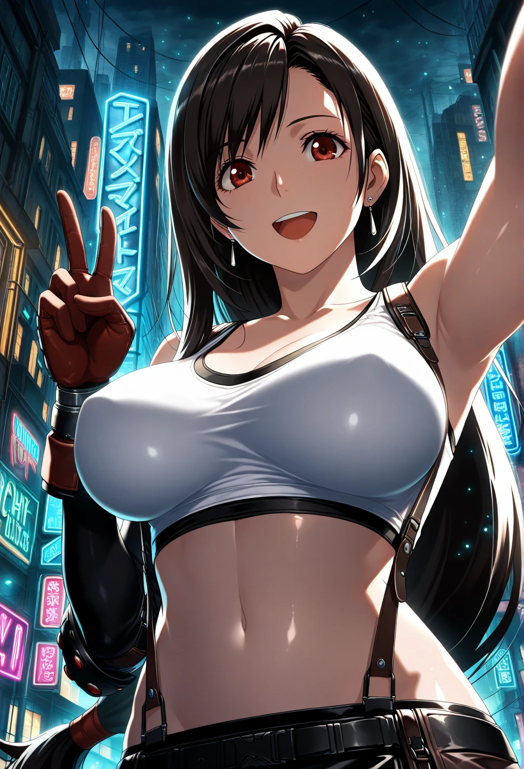 score_9, score_8_up, score_7_up,4k, ,BREAK , from front,from below,breast focus:1.5,standing,straight-on,(breast suppress,breasts squeezed together),,(upperbody:1.3),looking_at_viewer ,1girl, tifa lockhart, final fantasy, tareme,black hair, low-tied long hair, red eyes, bangs, white tank top, belt, pleated skirt, thighhighs, elbow fingerless gloves, elbow pads, midriff, navel,suspender skirt ,large_breasts,(light smile),Curvy waist ,Solo,,(midnight and beachside and city),Toned,,detailed skin,(best quality),(aesthetic,very aesthetic),masterpiece, highres,4k,(ultra-detailed:1.4) (illustration:0.4), (ray tracing,:0.7),(anime colored:0.7),(ai-generated:0.5), (anime screencap:0.8),megami magazine