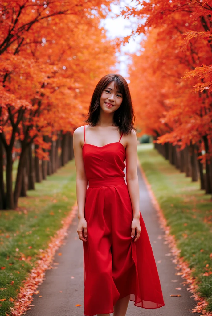 araffe woman in red dress standing in front of trees, girl wears a red dress, in front of a forest background, wide angle dynamic portrait, wearing a red dress, wearing a red cheongsam, wearing a red sundress, in a sunny day, wearing red clothes, girl, wearing red attire, on a bright day, sha xi, on a sunny day