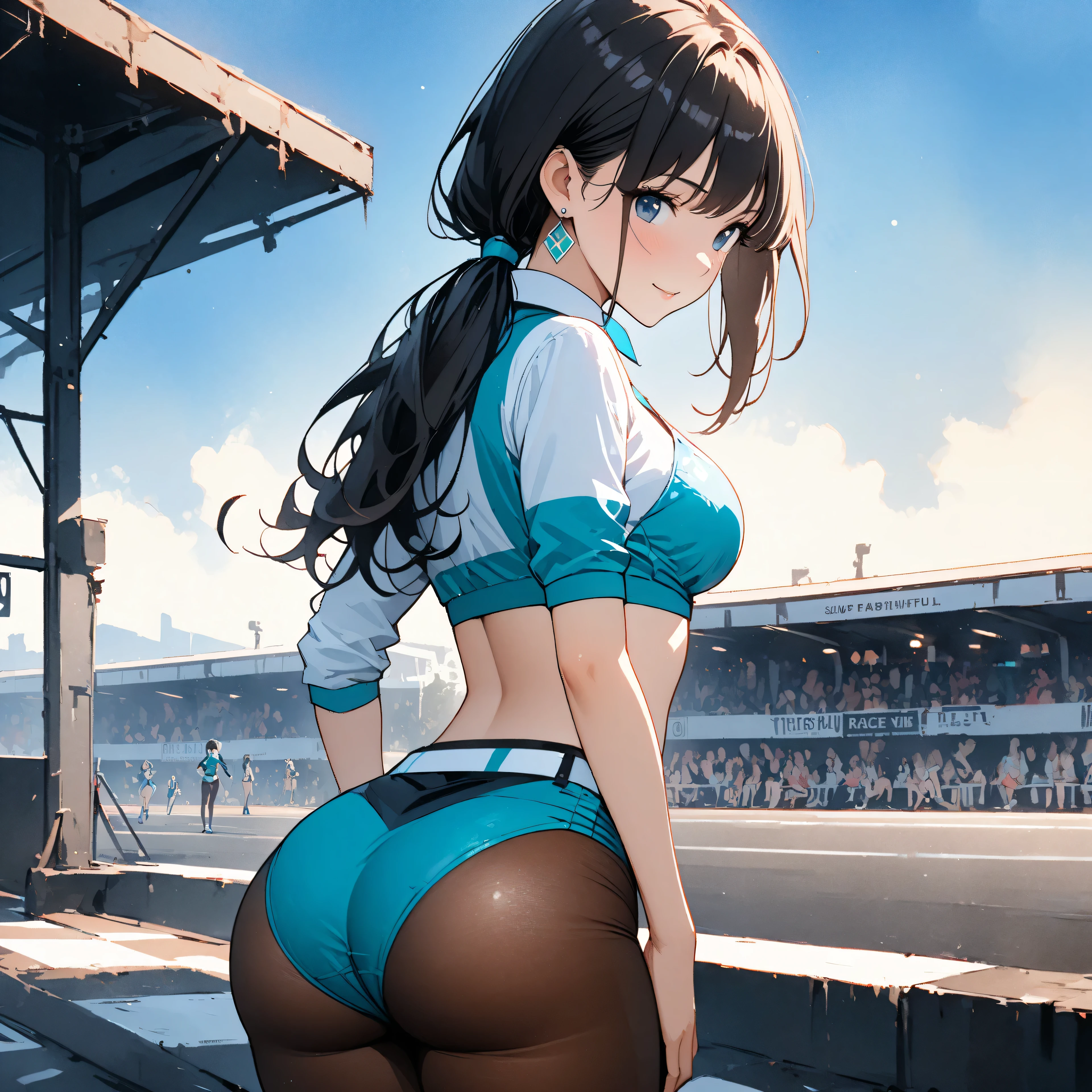   top quality、 super high accuracy 、Detailed drawing、art、Watercolor style illustration、 bright colors、vivid、alone、 beautiful girl 、Age 30、vast asphalt、 beautiful ass at the old train station、High Leg Cut 、Twist your waist、beautiful big 、cleavage、Soft body、bending forward、backshot、doggy style,Race Queen Costumes  、 Turquoise Bikini、short miniskirt、neck slit、fit shirt、luster、Banzai pose、Delighted、Brown Pantyhose 、Pantyline、Meshed cloth,Sponsor logos、blue low ponytail、  smooth hair、Swelling、 live stage 、 audience seats、 horizon 、blue sky、 moon、cloud、 Flowers fluttering down、 A smile that doesn't show teeth、closed mouth、 beautiful figure 、  Checkered flag、slender body  、  accurate description  、   accessories 、 earrings for a woman alone