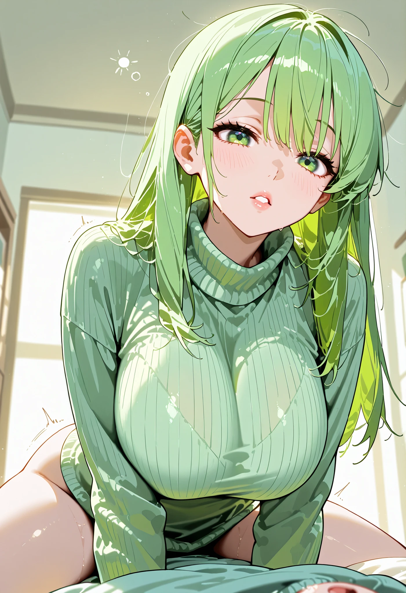 top quality、high resolution, one woman,
big , has sex appeal,older sister,
big eyes, Baby-faced Long Hair,hair is green,Delicate green eyes ，
long green hair with light pink mesh , Beautifully Detailed Lips、 big breasts , big breasted ,
morning,room,Waking up,Sweaters That Kill Virgins,shy,After the affair,
