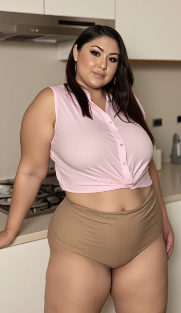 ((best quality, exceptional quality, better skin texture, premium material)), ((pov for my visual benefit, slice of life demonstrating reality)), (milf fantasy), (my best friend's mom coming on to me in the laundry room), letting me check her out and ogle her curves, "you shouldn't be looking at your best friend's mom like this", she says that but she actually wants me to fuck her like a spring rabbit as if she was one of my slutty girlfriends, (thicc curvaceous milf personifying womanly, pretty face, big brown eyes, brunette, curvaceous body, broad hips, curvy, hipspread, plump mounds, thicc thighs, oh mama she is a whole lotta woman), (cropped white cotton shirt, braless, casual shorts),  nude