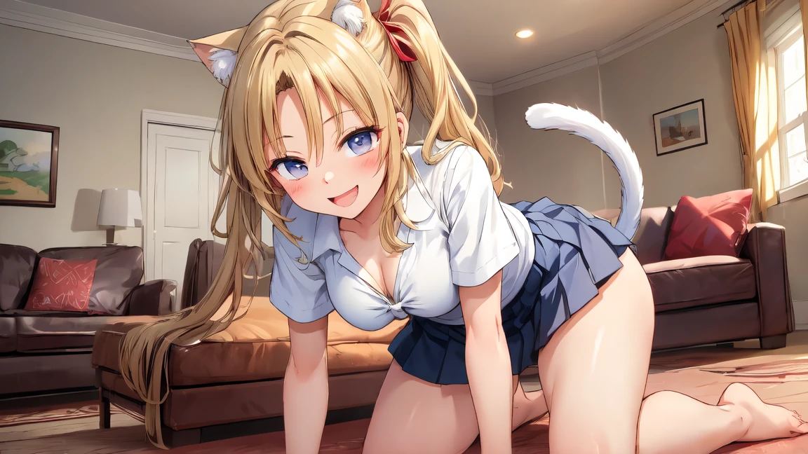 1girl, solo, long hair, breasts, looking at viewer, blush, smile, open mouth, bangs, blue eyes, blonde hair, large breasts, shirt, thighhighs, long sleeves, animal ears, cleavage, school uniform, white shirt, :d, thighs, hairband, boots, shorts, black thighhighs, cat ears, sailor collar, animal ear fluff, short shorts, brown footwear, drill hair, blue shorts, top-down bottom-up, blue hairband