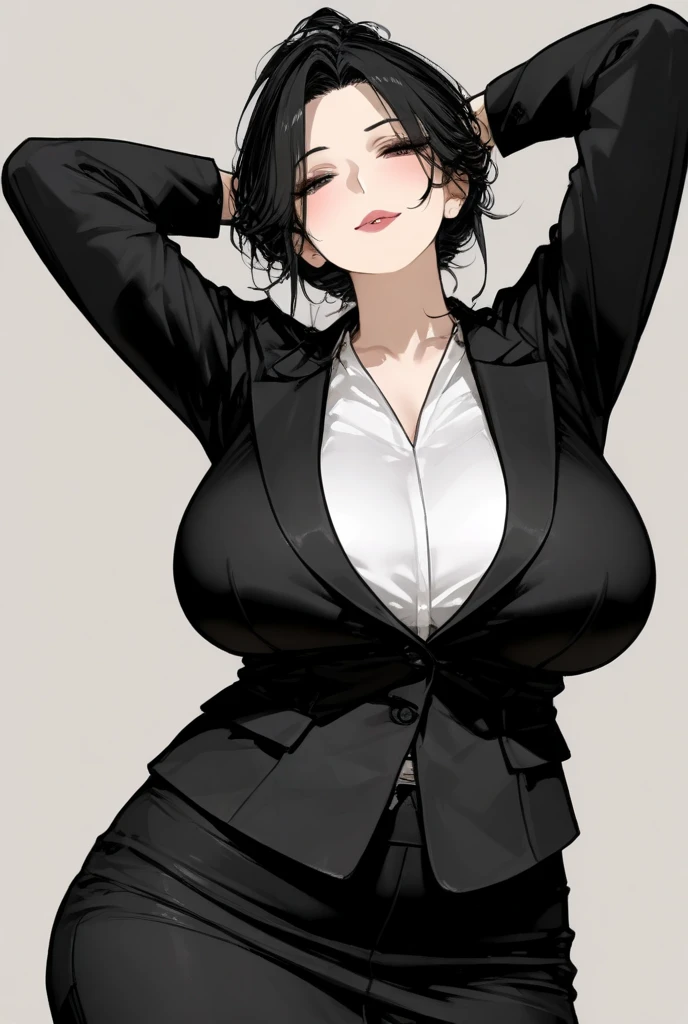 ((best quality)), ((On the table)), (detailed), (emphasize), Perfect face　Young girl&#39;s face detail showing cleavage、Red eyes and long, Thick, smooth, pretty black hair，Bangs、Monochrome background、Wear it standing with a blazer and miniskirt、