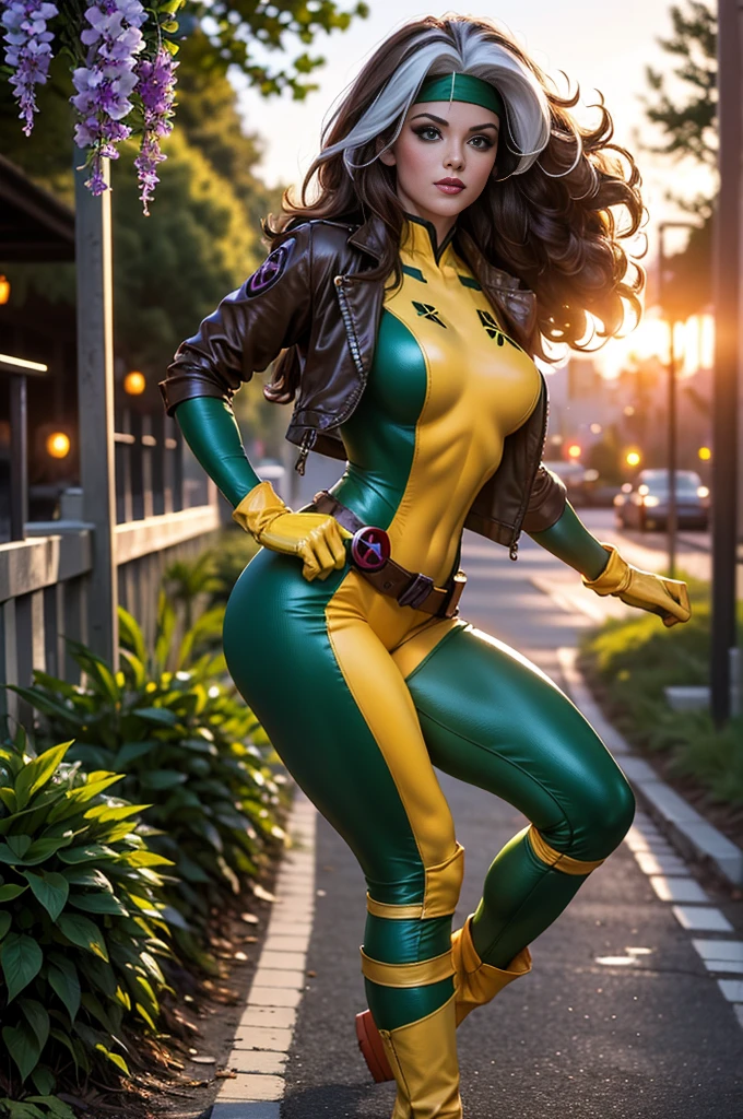 (masterpiece:1.0), (best_quality:1.2), Classic Rogue, 1991 Rogue X-Men, 1 girl, Only, full body view, standing, facing the viewer, hand on hip, modeling pose, confident stance, medium length hair, brown hair, wavy hair, messy hair, one lock of white hair, headband, green eyes, mischievous look, smirking, parted lips, curvy figure, medium to large breasts, lipstick, makeup, jacket, gloves, belt, yellow gloves, green bodysuit, multicolored bodysuit, skin tight, open jacket, headband, multicolored clothes, Looking at the Viewer, sunlight, sunrays, light source from the side, (realism: 1.5), (Realistic: 1.4), (Absurdity:1.4), 8k, ultra-detailed, Detailed Beautiful Woman, (only:1.4) , 1girl, background of garden, stone walls and pathways, wisteria trees, outside of mansion, official art, extremely detailed CG unity 8k wallpaper, perfect lighting, Colorful, ultra high res, photography, 8K, HDR, Kodak portra 400, film grain, blurry background, (bokeh:1.2), lens flare, (vibrant_color:1.2), professional photograph