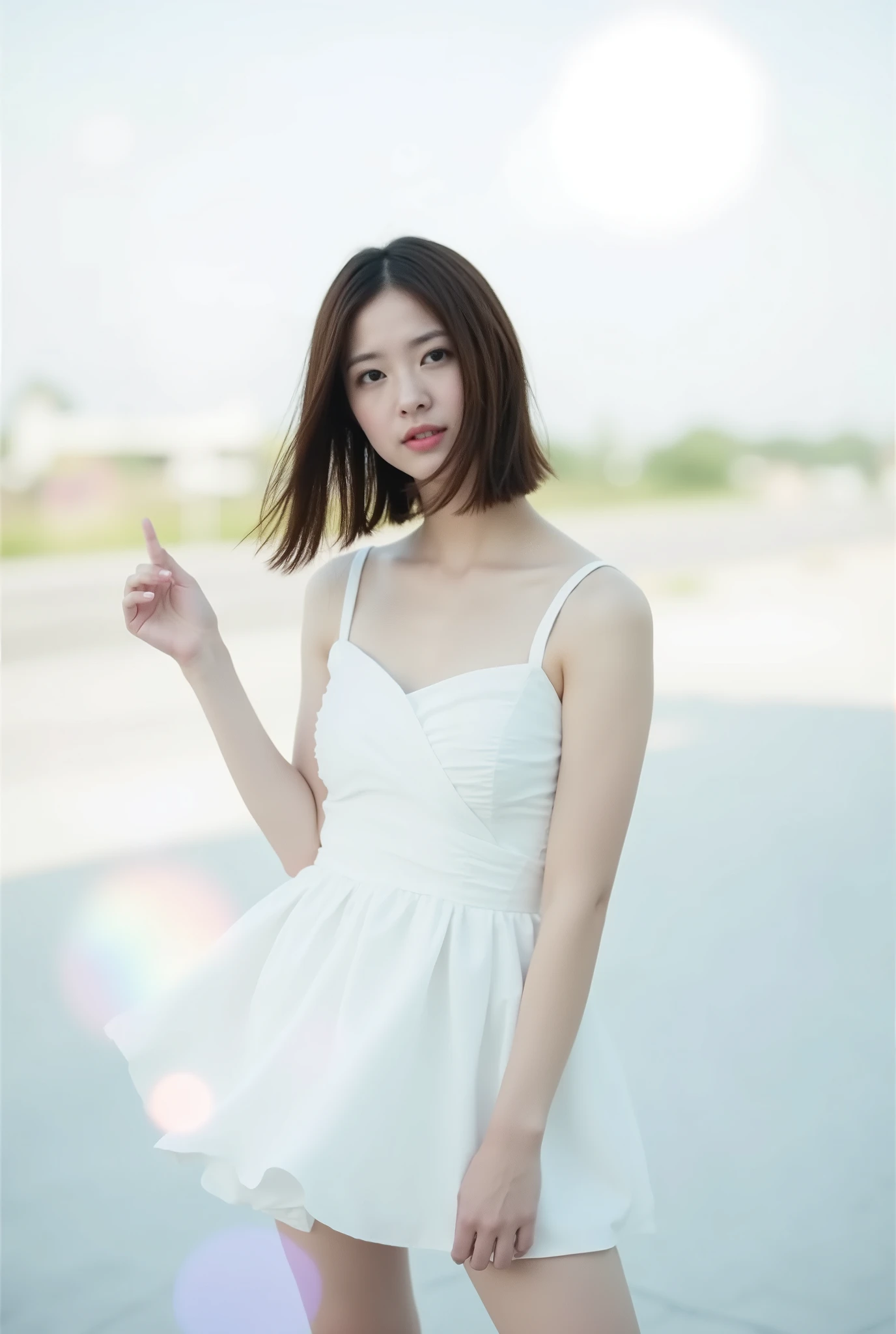Create an image of a fair-skinned Japanese girl with medium-length straight hair stands gracefully in a 'White Cinderella' costume. The composition captures her in a knee-length pose against a blurred background that resembles a white fantasy world, with a distant horizon. Artistic light leaks and chromatic aberration enhance the ethereal atmosphere, all framed from a dynamic angle.