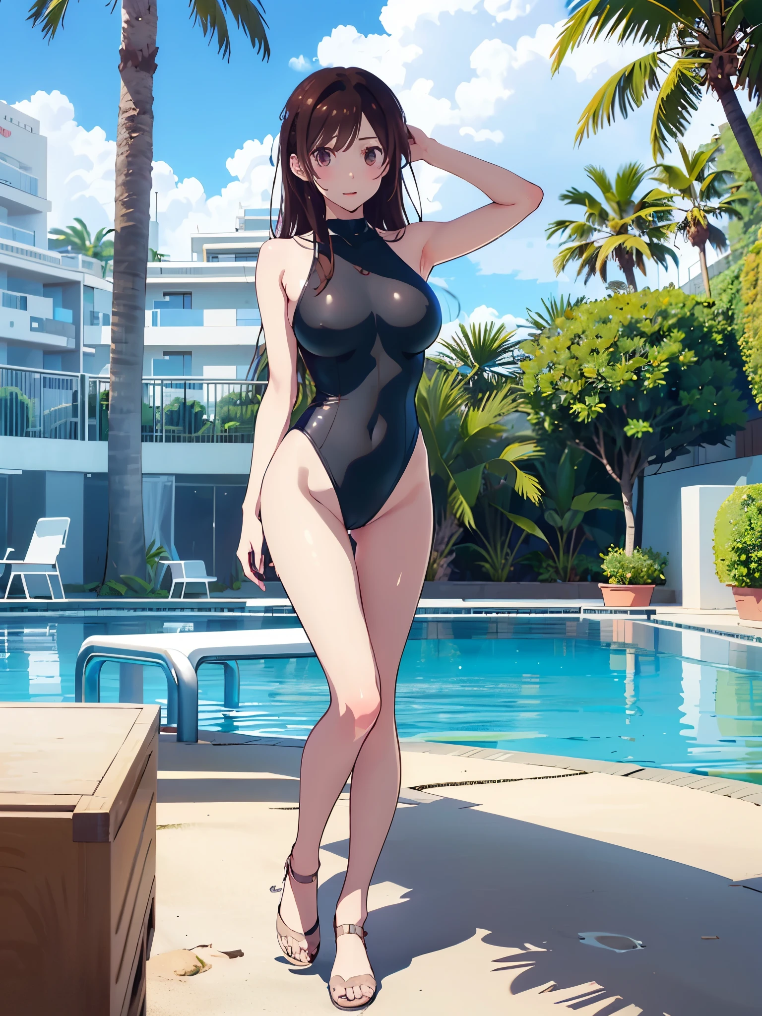 masterpiece, girl, top quality, CHIZURU MIZUHARA, Medium brown hair , Big Breasts, Navy and White Long Leg Swimsuit、Sensual appearance、 sexual excitement、thin open mouth, standing、 Sexy Poses, luxury resort hotel pool side、blue sky、 beach chair、Palm Tree , brown eyes, full body