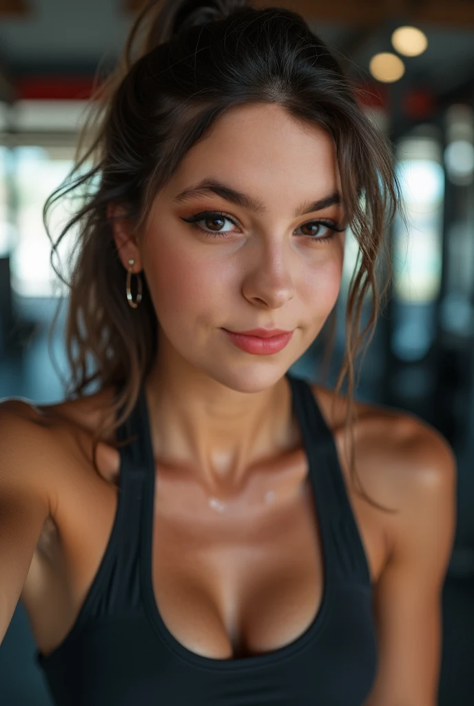 dramatically lit, back lighting, master piece, hyper detailed, amazing quality, beautiful girl, perfect face, realistic eyes, ultra detailed eyes, ultra detailed face, shaded face, perfect lighting, realistic lighting, strong shadows, perfect shadows, ultra realistic lips, ultra realistic nose, 20yo, big breasts, (shiny skin:1.2), shag messy hair, bob cut, short girl, short hair, seductive smile, brown hair, (freckles:0.8), (skinny), skindentation, white tank top, fisheye, very crowded gym background, (depth of field:0.8), (cleavage:0.8)