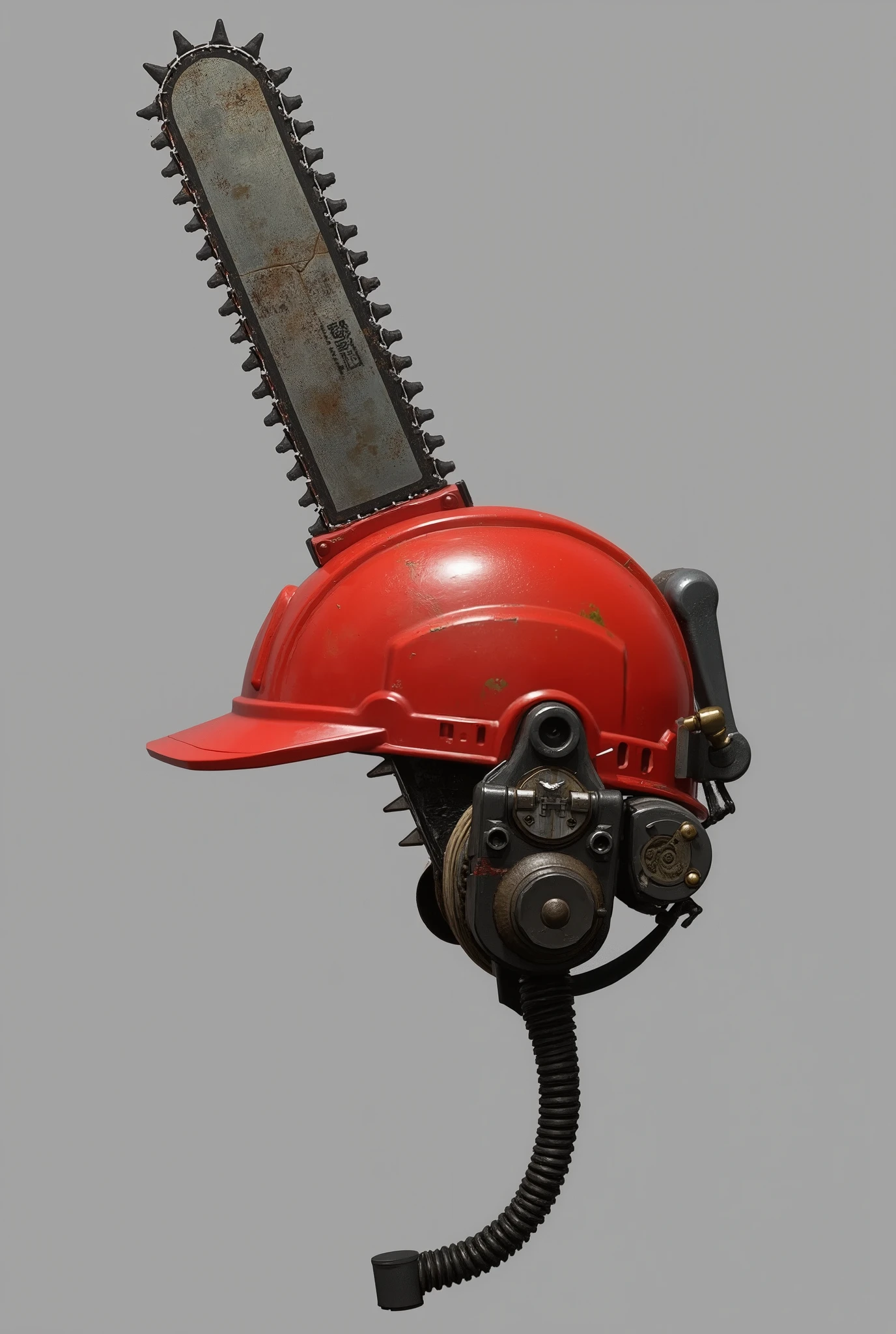 A chainsaw combined with a red helmet、helmet from the bullet、