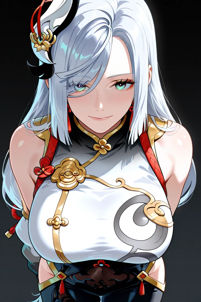 masterpiece, best quality, Shenhedef, 1girl, silver hair, silver eyes, black bra, tongue