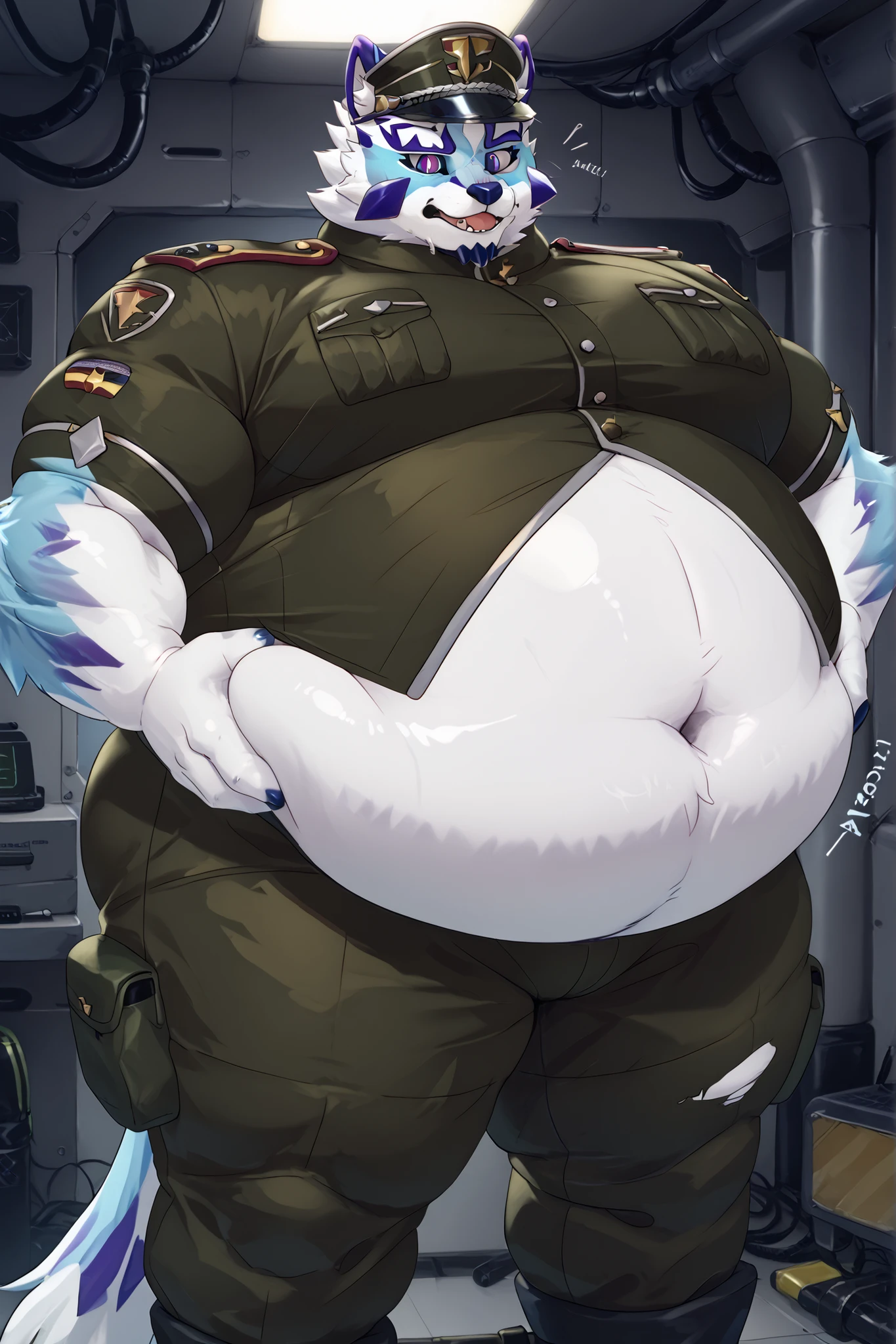 Solo, female, muscular, shark, hair, big breasts, alleyway, blue military spacesuit, By bebebebebe, by buta99, by chunie, by sonsasu, by danza, large vore belly