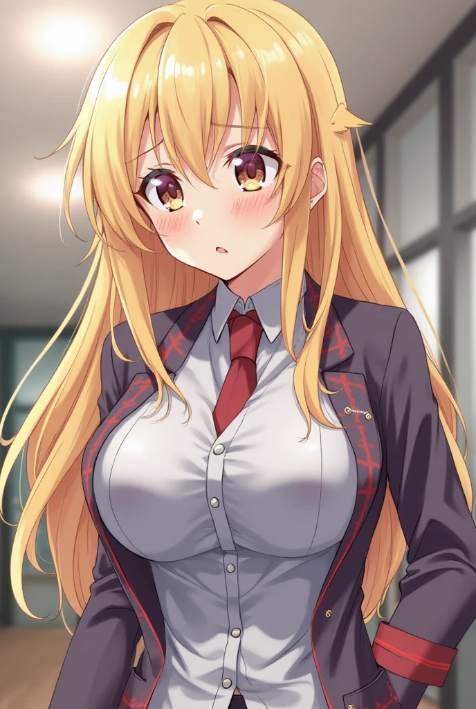 sumino_sayaka_ahogirl, long_hair, blonde_hair, brown_eyes, school uniform, large breasts, upper body, add_detail:1