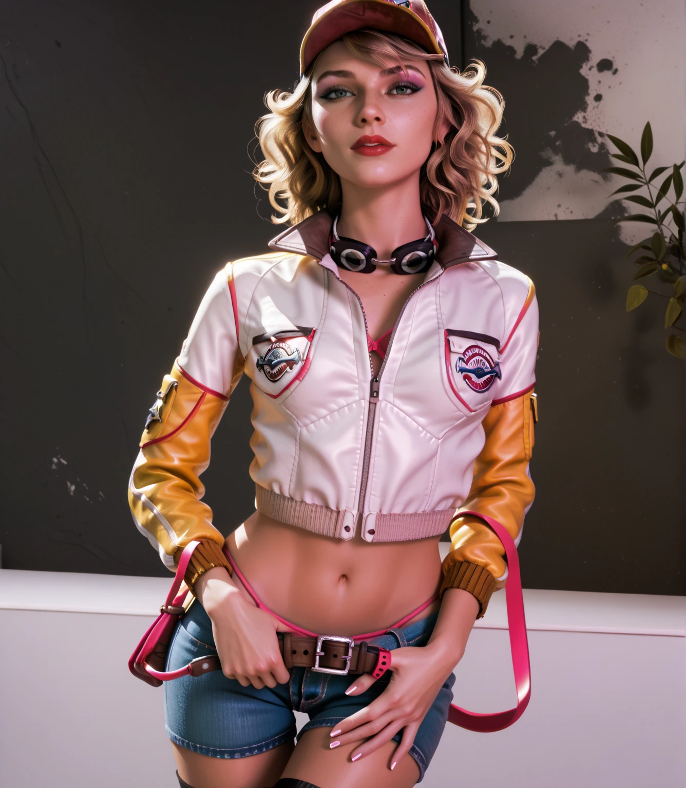 A topless girl wearing racing pants