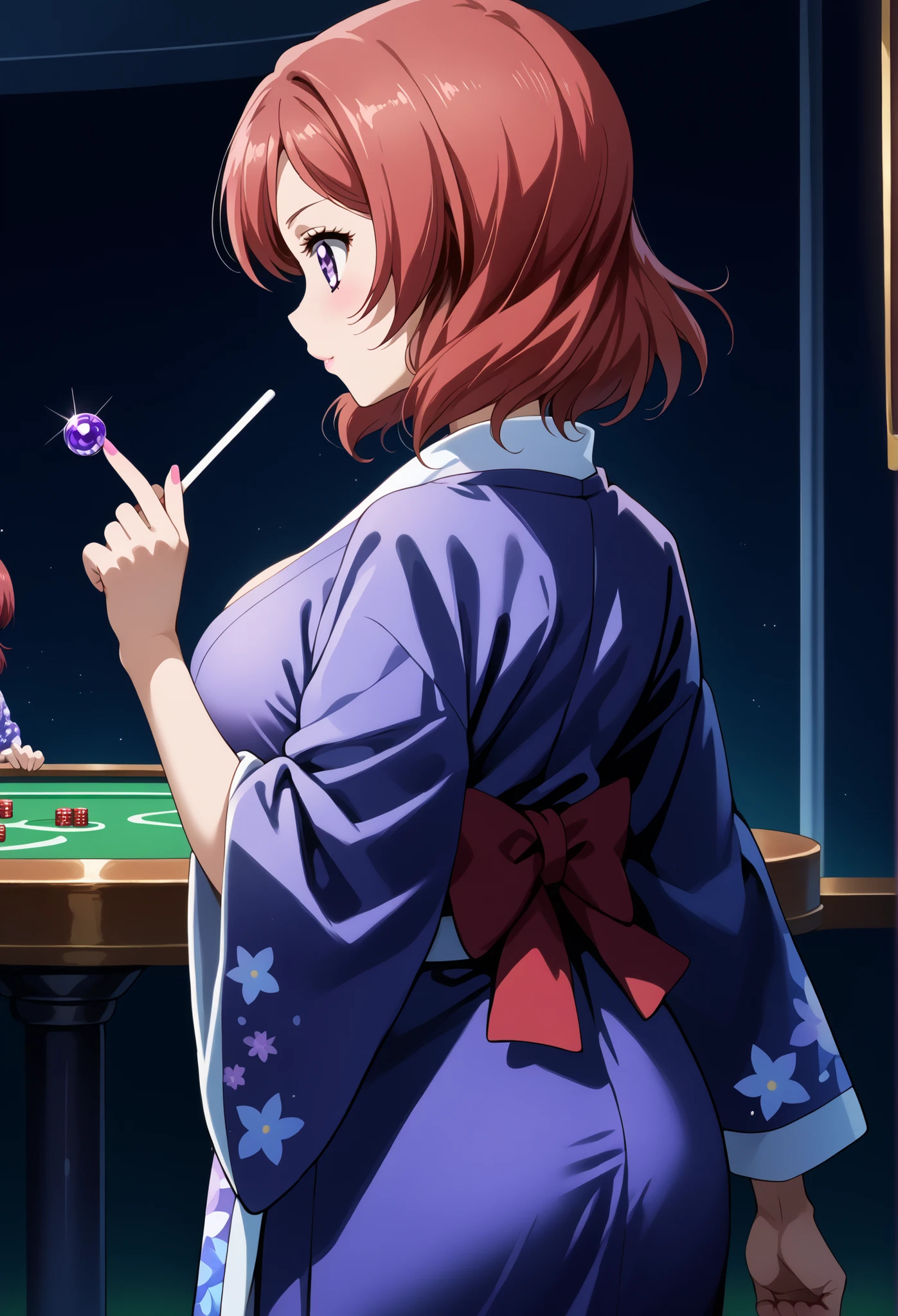 score_9, score_8_up, score_7_up, source_anime, 4K,perfect fingers,(perfect hands, perfect anatomy),prefect lighting, very aesthetic, intricate details,highly detailed background, masterpiece, high quality, best quality, 
1girls,makinishikino, maki nishikino, short hair, purple eyes, red hair,((large breast)),
wearing ((purple kimono, bottomless, )) ,,
casino, from back view,