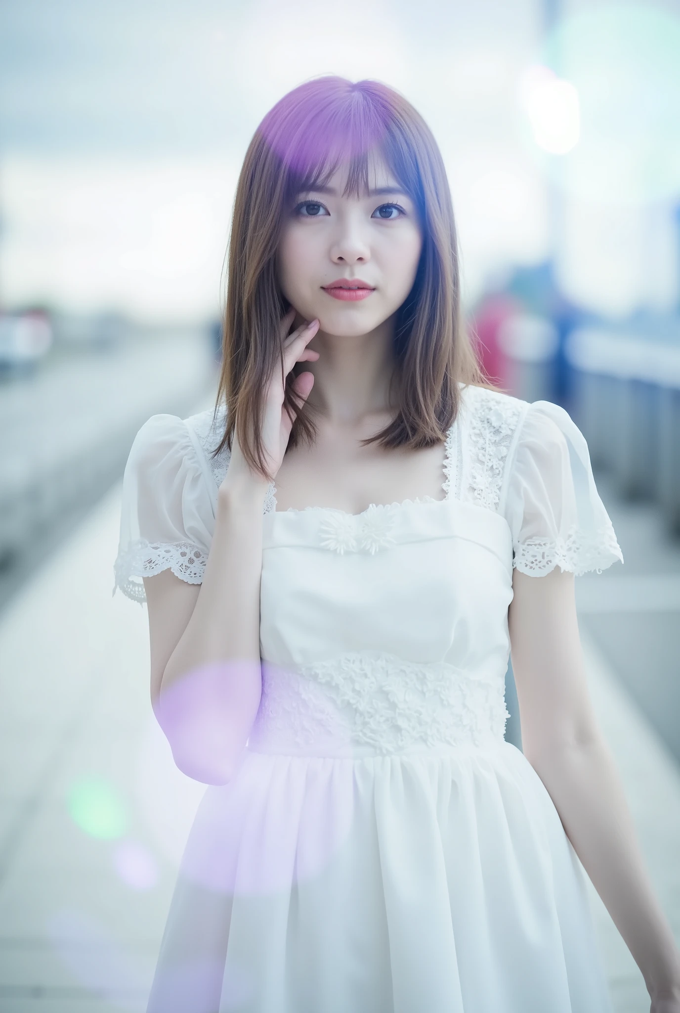 Create an image of a fair-skinned Japanese girl with medium-length straight hair stands gracefully in a 'White Cinderella' costume. The composition captures her in a knee-length pose against a blurred background that resembles a white fantasy world, with a distant horizon. Artistic light leaks and chromatic aberration enhance the ethereal atmosphere, all framed from a dynamic angle.