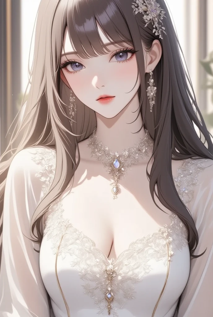 (masterpiece, best quality:1.2), 1girl, solo,mature_lady, delicate face,detail eyes,long hair, floating hair,medium breasts, upper body,,White lace tube top dress,in a student dormitory
