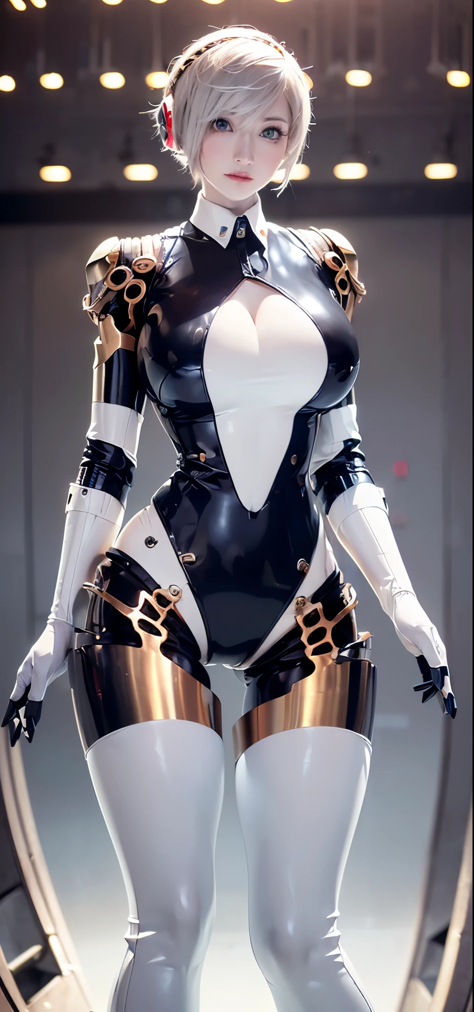(1GIRL, alone, 独奏), (super detailed face), (Black Long Hair:1.2), (BIG BUTTOCKS, 11 LINE ABS, CLEAVAGE, HUGE FAKE BREASTS:1.5), (MECHA GUARD ARM:1.3), (A girl wearing sexy clothing,scantily clad,Whit cyberpunk sexy maillot,tight clothing,maillot,tight,fitting closely,High slit tight fitting clothing,Glowing eyes,Gloves,(A huge chest:1.4),Large area of skin,The only person,lackluster in one's eyes,A cold expression,White woman,mechanical artificial limb,Mechanical neck,mechanical high heel stiletto boots, Slim waist, Wide hips,High target,Full body portrait,完美的woman身体,woman形象,High-tech laboratory,woman,a voluptuous figure,Mechanical joints,Cyberpunk,Half of the chest is not covered,Thigh gap, Ceramic material,Hollow waist,Facing the audience,very short shaved hair,White hair,crew cut,tomboy, giant breasts, giant ass, very curvy, shiny silver hair, bright blue coloured eyes, cyborg, robotic arms,mechanical parts,Bare thighs,Sexy clothing,Mechanical headphones,Expose buttocks,Bare waist,Large area skin exposure, MECHA GUARD ARMOR LEGS, HIGH HEELS:1.5), (THICC MUSCULAR FEMALE BODY, SEXY LONG LEGS:1.1), (LOOKING AT VIEWER:1.3), (female focus:0.886),(BRIGHT LIGHTING:1.5), ULTRA HIGHT DEFINITION,Whit,highleg leotard,cyborg,cyberpunk