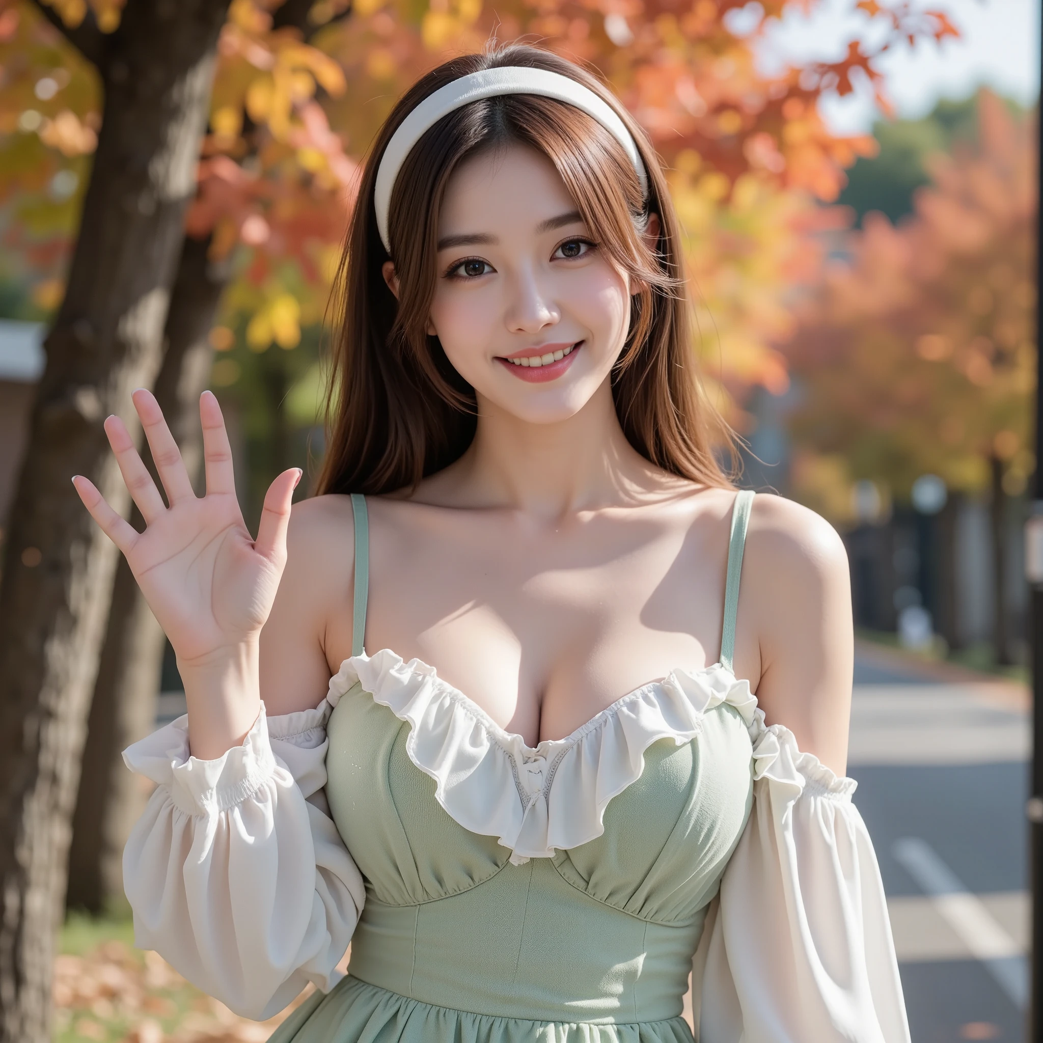NSFW, (Highest quality), (Ultra-precise CG 16K wallpaper), (Realistic), (High saturation), (Sharp), Beautiful detailed shading, Beautiful natural lighting, Beautiful detailed glow, (Afternoon sunlight), Natural light, Depth of field, (Mature 24-year-old woman, One person), (Beautiful Japanese face with golden ratio), (Straight semi-long hairstyle), (Shiny brown hair), (Sparkling eyes), (C cup size breasts), (Cleavage), (Beautiful breasts), (Beautiful legs), (Beautiful skin), Beautiful proportions, (Woman smiling with mouth open: 1.3), (The woman is looking at me), (Woman wearing a light green and white two-tone frilled off-shoulder lace mini dress), (Wearing a white hairband), (Waving pose), (Row of maple trees with autumn leaves), (Angle from woman's head to waist), (Image of woman seen from diagonal front), (Woman standing in front of a tree),