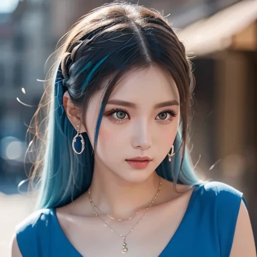(Best quality, 8K, high resolution, masterpiece: 1.2, DSLR, 16k), ultra-detailed, (realistic, photorealistic, photorealistic: 1.37), portrait, creative style artwork, historical, classic, sophisticated, wide variety of colors . Highly detailed, soft lighting, luxurious atmosphere, there is a young woman, ((White collar shirt, Tennis uniform, minidress,, , slim fit (perfect oval shape, asymmetrical facial structure, perfect proportion, almond eye type, hazel eye color (detailed eyes, blue hair color, 32 inch breasts, hourglass figure, slim body, pale white skin tone, sexy girl, 22 years old, soft wavy hair, look away, attitude expression , professional makeup, pink lips)