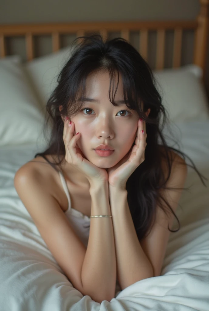 (nsfw:1.4), High resolution, RAWphotographgraphy, Highest quality, (Ultra-detailed, photorealistic, best quality, 4k,8k, highres, masterpiece:1.3), (photorealism:1.2), Cinematic, Color Grading, professional Photography, Depth of Field, hyper-detailed, beautifully color-coded, insane details, intricate details, beautifully color graded, full body shot, epic scene composition, front view, intricate details, warm colors, beautiful japanese woman, age 18, realistic skin texture, lying on bed white sheets, micro high-cut white bikini, cameltoe, indoors, professional lighting, bedroom in the background, just climaxed, post orgasminc pose, realistic, hands over her head while gripping the pillow, legs spread, collar, waist long black hair, straight hairstyle, hair spread on the pillow, legs wide open, spread legs, delicate face skin, freckles, short height, wide open eyes, detailed eyes, beautiful detailed bright green and blue eyes, thick thighs, sweaty, while biting her lips, sweaty, textured skin, red cheeks, eyes wide open, orgasmic facial expression, astonisehd expression, ?????? afterglow, huge breasts, sagging breasts, arched back, pelvis pushed up, barely holding back a scream, spreadeagle legs, suddenly surprised by an unexpected ?????? stretching her limbs like a cat