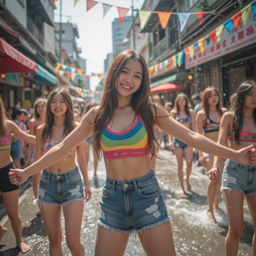 (best quality:1.2), masterpiece, Realistic, Ultra-high resolution, ((a beautiful Japanese idol 12 years old woman:1.2)), (Gaunt:1.3), (((Very flat chest:1.4))), ((Baby Face)), (show me your armpit:1.2), (sweaty armpit:1.3), ((Armpits are wet and shiny with sweat)), She has skin that sweats easily Soaking wet, Sweaty, I can see my pores, (topless:1.2), (wearing samba costumes:1.2), (dancing parade:1.3), (energetic music:1.2), (confetti-filled streets, lively atmosphere:1.2), (decorative floats:1.1), (bustling market stalls:1.2), (delicious street food:1.1)