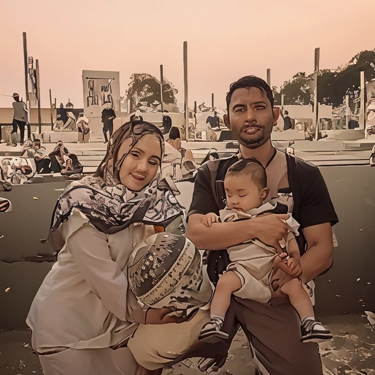 A young brown man with a small beard and no hair on his cheeks. It says on his shirt "El Boukhari" Civil engineer standing next to his beautiful white architect wife wearing glasses, it says on her dress "Zeyneb" 
By the sea, the weather is beautiful.
The wife is Muslim and modest.
They are carrying their beautiful little daughter.
The husband's shirt says "El Boukhari".
The wife's dress says "Zeyneb".
The daughter's dress says "Zeyne".