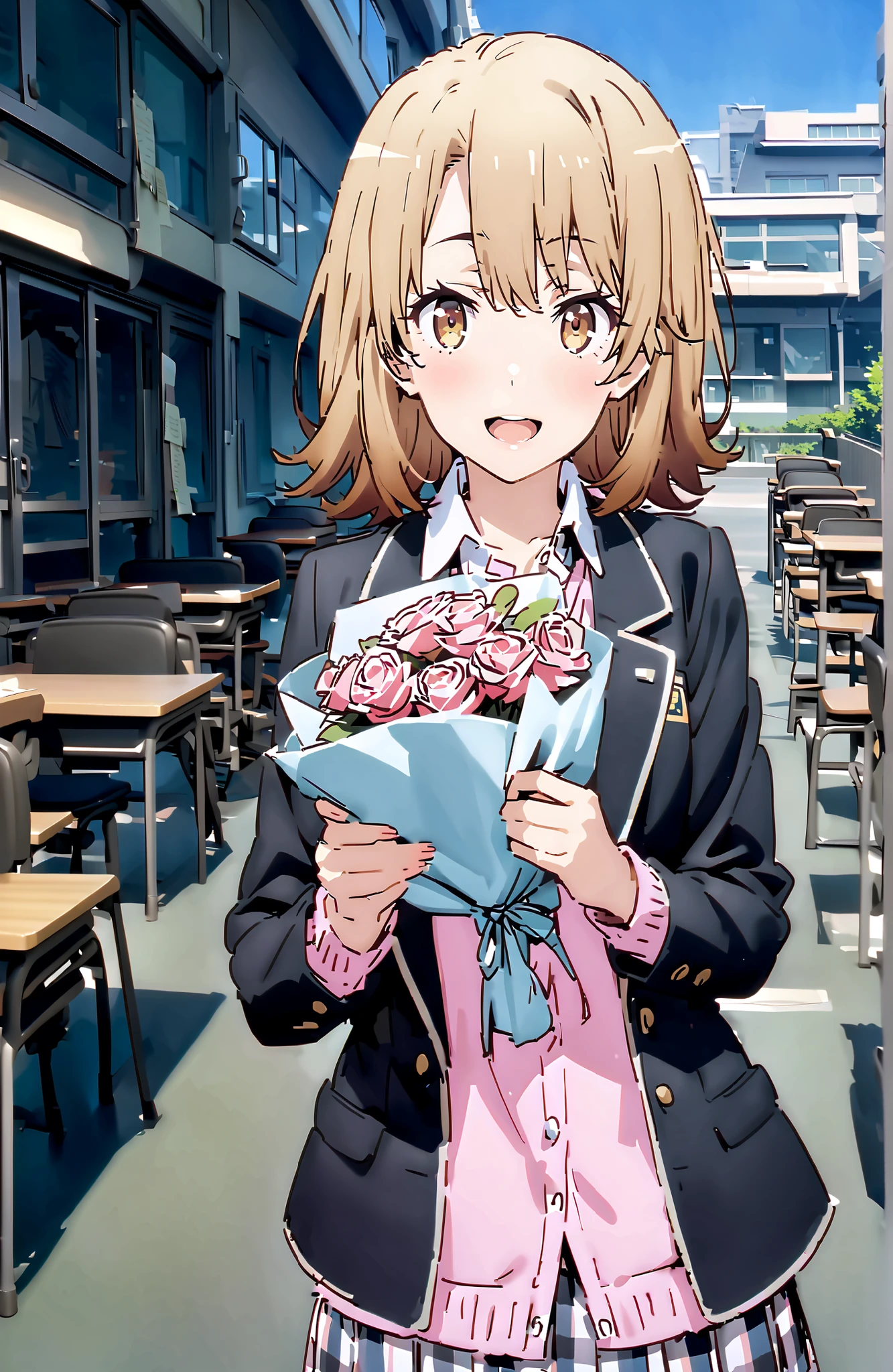 Irohaisshiki, Ishizaki Iroha, solo,short hair, brown eyes,brown hair,smile,blush,open your mouth,skirt for ears, shirt, ribbon, uniform, jacket, white shirt, opens clothes, open jacket, black jacket, plaid, plaid skirt for ears, blazer, cardigan, Black socks, pink cardigan, sobu high uniform, black high socks,Holding a bouquet with both arms,standing,Beautiful Scenery, Beautiful Streetscapes,noon,curtains,window,machine,chairs,blackboard,full bodyがillustrationsに入るように,break indoors, Classroom,
break looking at viewer,full body,
break (masterpiece:1.2), top quality, high resolution, Unity 8k 壁紙, (illustrations:0.8), (beautiful detailed eyes:1.6), Highly Detailed Faces, perfect lighting on the table, extremely detailed CG, (perfect hand, perfect anatomy),