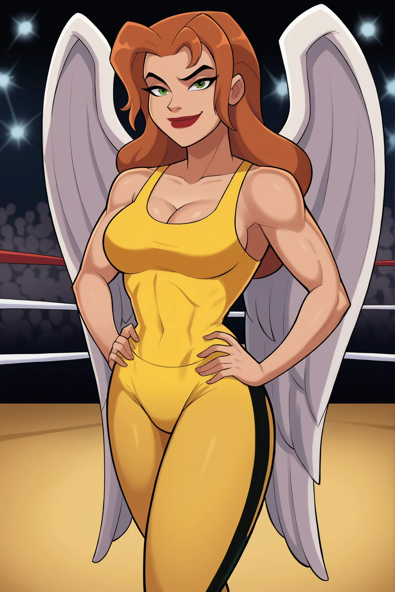 score_9, score_8_up, score_7_up, score_6_up, BREAK, safe_pos, 1girl, solo, shayera hol, angel wings, feathered wings, wings, long hair, green eyes, lipstick, makeup, large breasts, cleavage, curvy, athletic, bare shoulders, hands on waist, model pose, looking at viewer, smiling, closed mouth, happy expression, bedroom eyes, yellow wrestling singlet, indoors, gym, wrestling ring