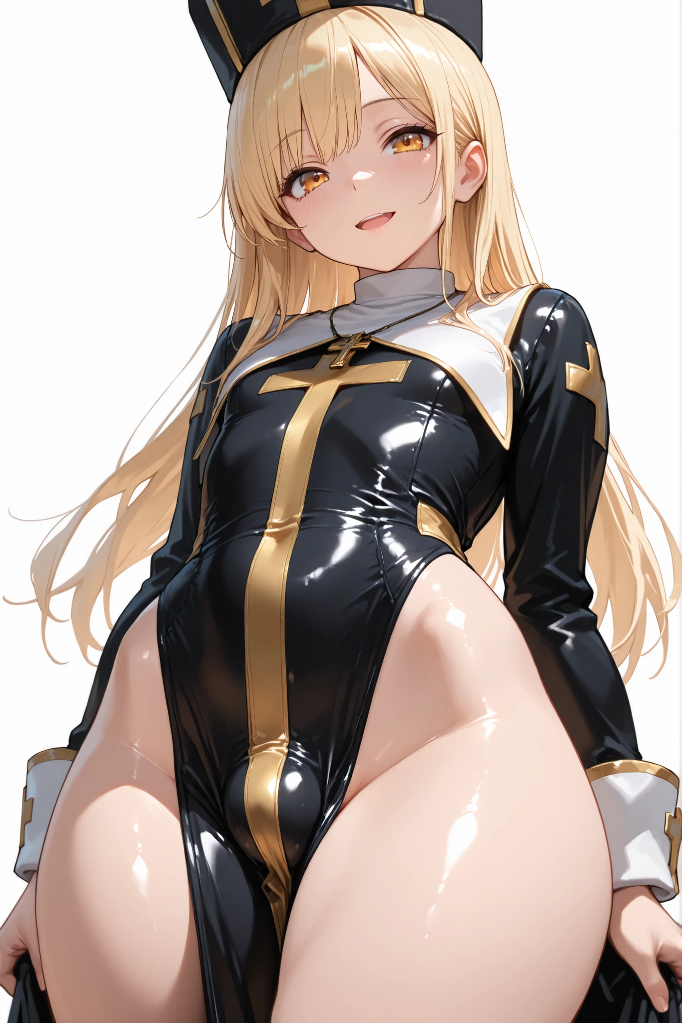  (best quality) , (ultra-detailed) , (masterpiece) , (perfect anatomy) , (masterpiece) , best quality , perfect face , 1 otoko no ko, ((((solo)))), cute boy, straight hair, long hair, blonde hair, gold eyes, very shiny body, simple white background, priest, Raised crotch, black costume, lite smile, open mouth