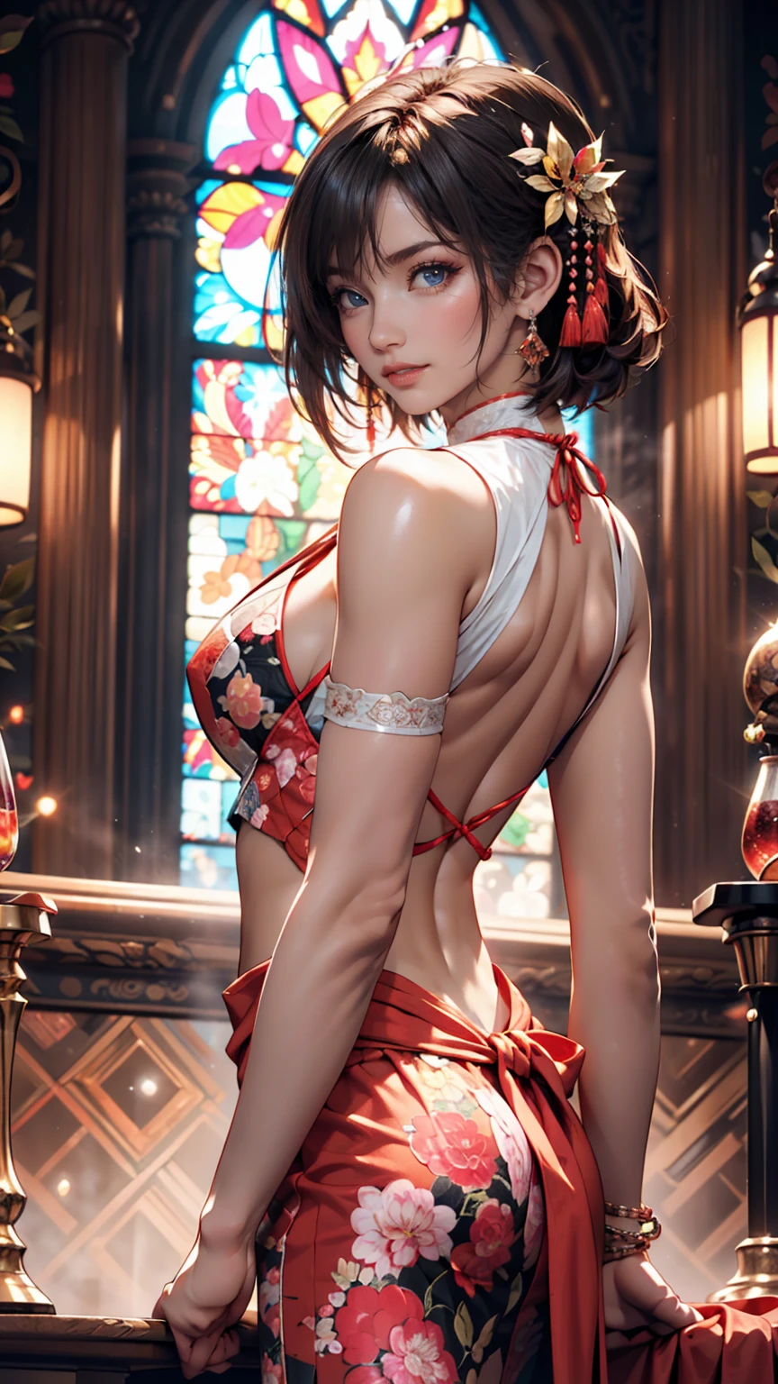 Beautiful woman is shown to have a slender figure, hair is green and red mix, she is wearing a beautiful sexy dress, hair combed over to the side, brown eyes, girl standing in a gala ballroom, sexy session, putting her hands on her waist, poseing, exposed cleavage, cowboy shot, superior quality, many details, realistic