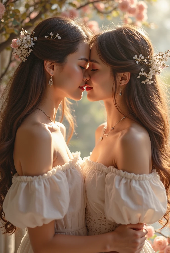 (Highest quality、Tabletop、8k、Best image quality、Award-winning works)、(Two beautiful women deep kissing:1.2)、(Lesbian:1.2)、(Close-up of face:1.5)、(Perfect kissing face:1.3)、Flower Hair Ornaments、(Two beautiful women hugging and kissing:1.2)、(Kiss closeup:1.1)、(A neat and tidy white see-through off-shoulder dress:1.2)、Large Breasts、Voluptuous body、Beautiful elegant wavy hairstyle、(Lily field background:1.2)、(Lots of beautiful lilies:1.2)、(Surrounded by many lilies:1.2)、Perfect beautiful glossy lips、(Accurate anatomy:1.2)、Glowing White Skin、Very white skin、Most romantic