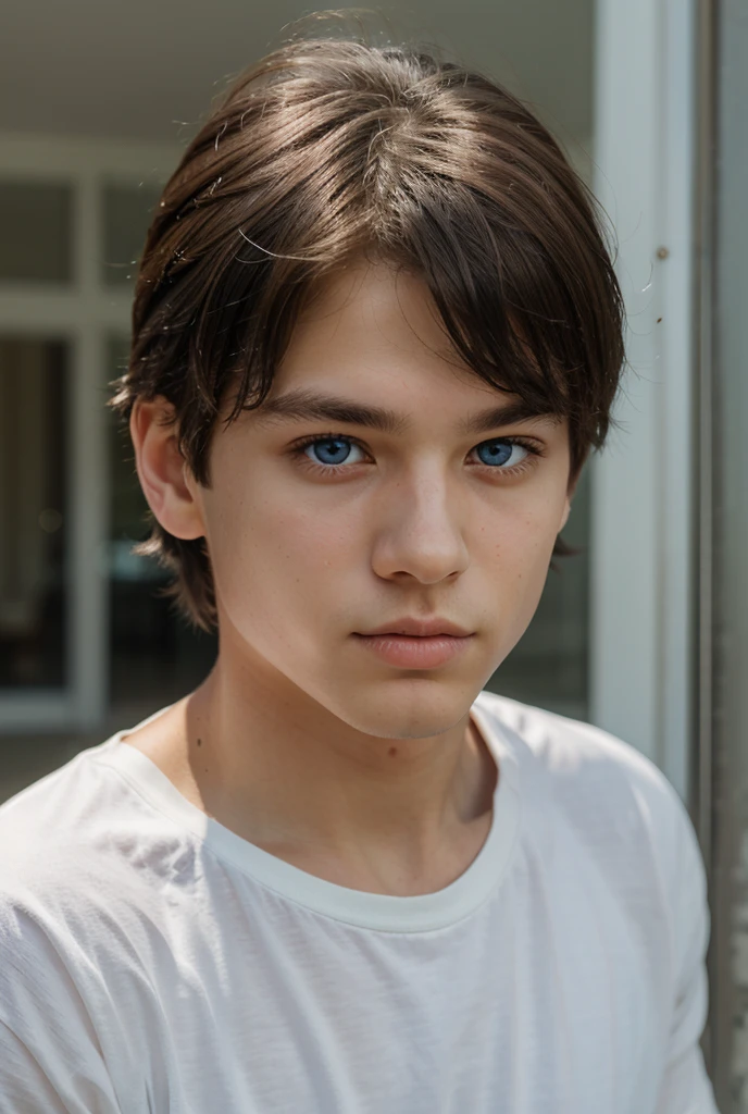 A beautiful and tender boy of 12 years old with white skin, blue eyes, light brown hair, fine features and serious, very serious at home, full body