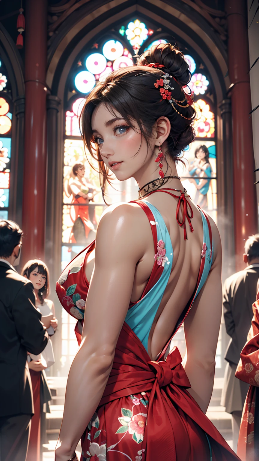 a beautiful woman with intense green eyes, black hair tied into a bun, wearing a strapless full-length dress, a red scarf around her neck, long silk gloves, and a fabric wrapped around her waist, (best quality,4k,8k,highres,masterpiece:1.2),ultra-detailed,(realistic,photorealistic,photo-realistic:1.37),detailed eyes,detailed lips,extremely detailed face,long eyelashes,full body view,high fashion,elegant,dramatic lighting,warm color tones,cinematic