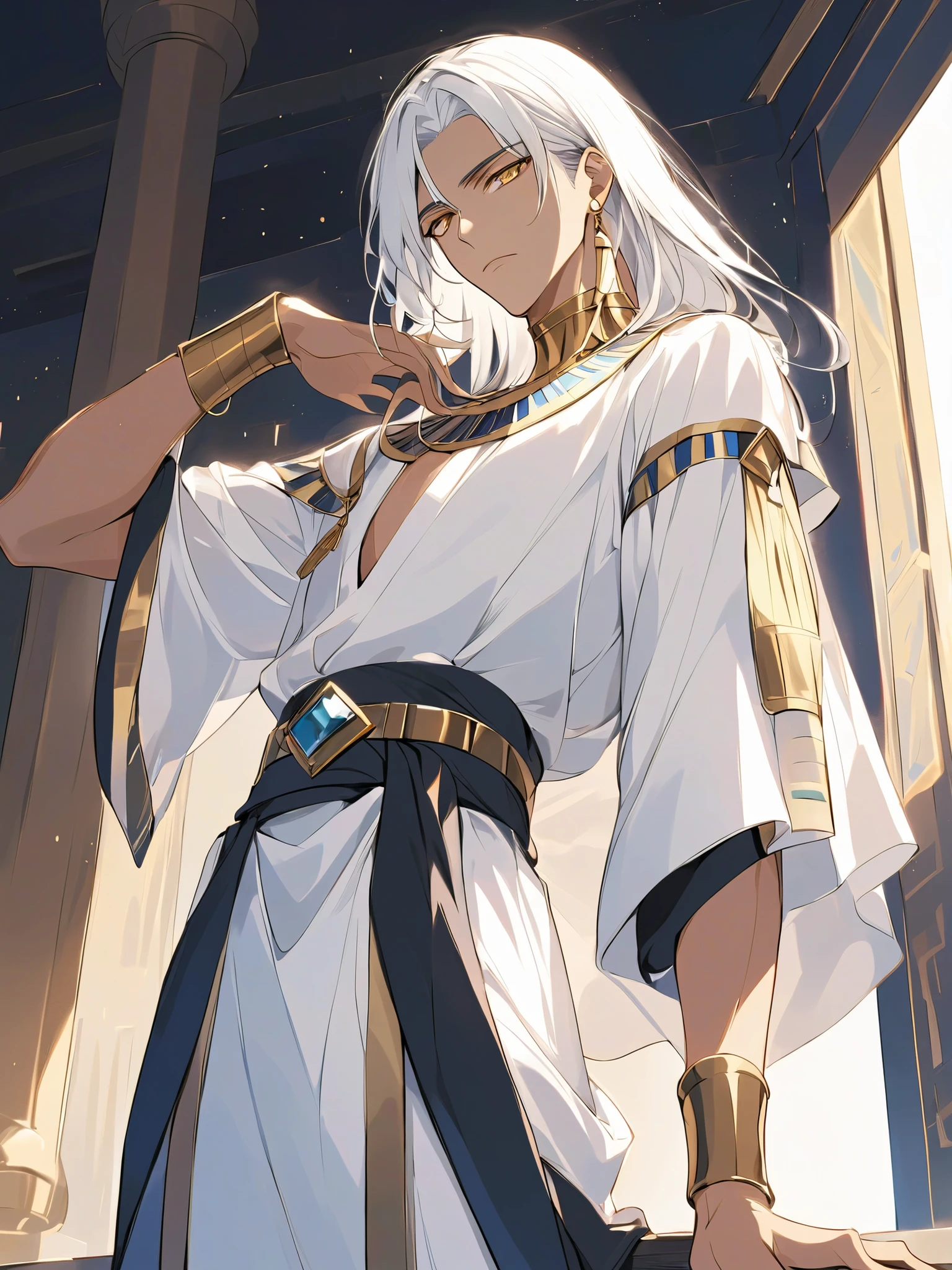 anime guy standing on windowsill, handsome anime man, black belt buckle, beautiful anime pose, Tall anime egyptian guy with golden eyes, long white hair , Egyptian costume ,Prince of Egypt.