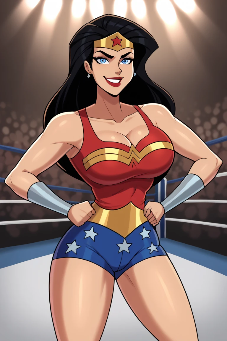 score_9, score_8_up, score_7_up, source_anime, dianaprince, diana prince, blue eyes, black hair, cleavage, bare shoulders, jewelry, star \(symbol\), highleg leotard, thong leotard, star print, superhero, outdoors, cityscape, looking at viewer, solo, ((cameltoe)), , back view, ass,((pov hands, ass grab)), cowboy shot, ((bedroom eyes, smile, blushing))