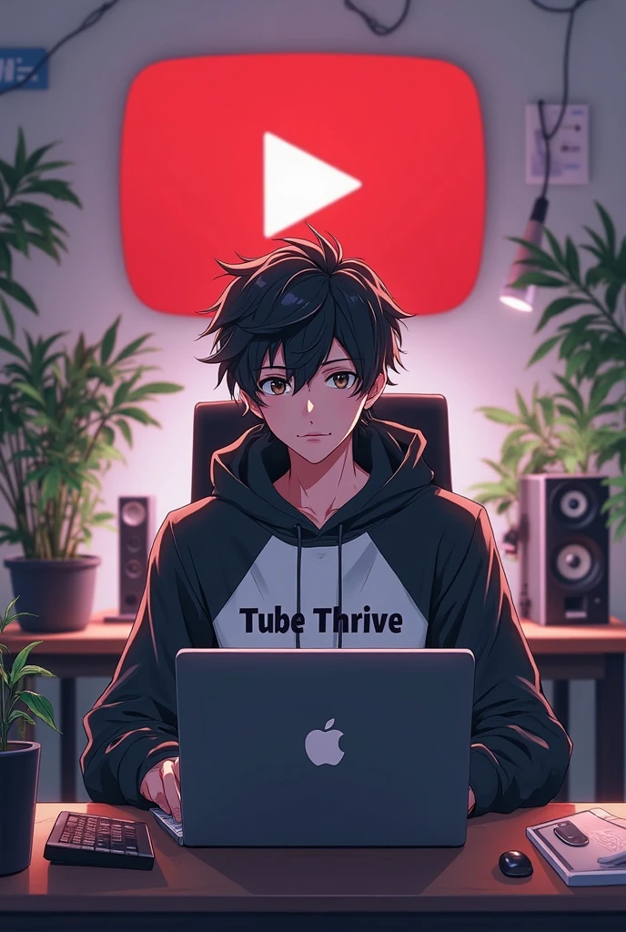 Create a image of "A 18 years anime boy, sitting in front of a computer desk with a microphone and laptop, wearing black and white  hoodie with the Channel Name on it "Tube Thrive".

The background includes a large YouTube logo on the wall, potted plants on either side, and various recording equipment.
YouTube size 16.9 image creation 