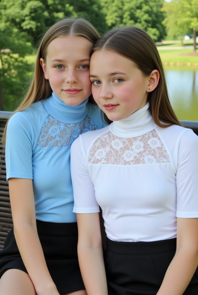 Girl without white clothes with blue eyes next to her redhead sister with her legs open