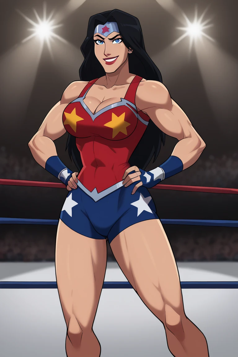 NSFW, Wonder Woman in a wrestling ring, both are fit with large breasts, bimbos, wearing a string thongs, boots, sultry face , topless, massive big breasts , short hair