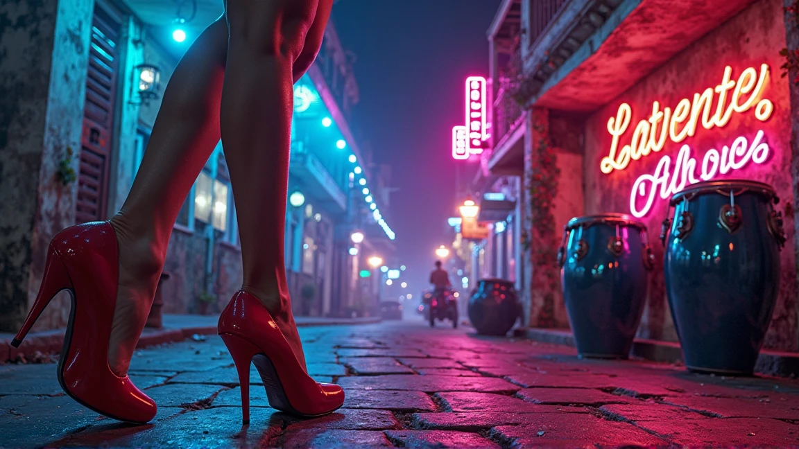 red light district, beautiful woman, sexy pose, sexy face, black tights, red heels, cleavage, lipstick