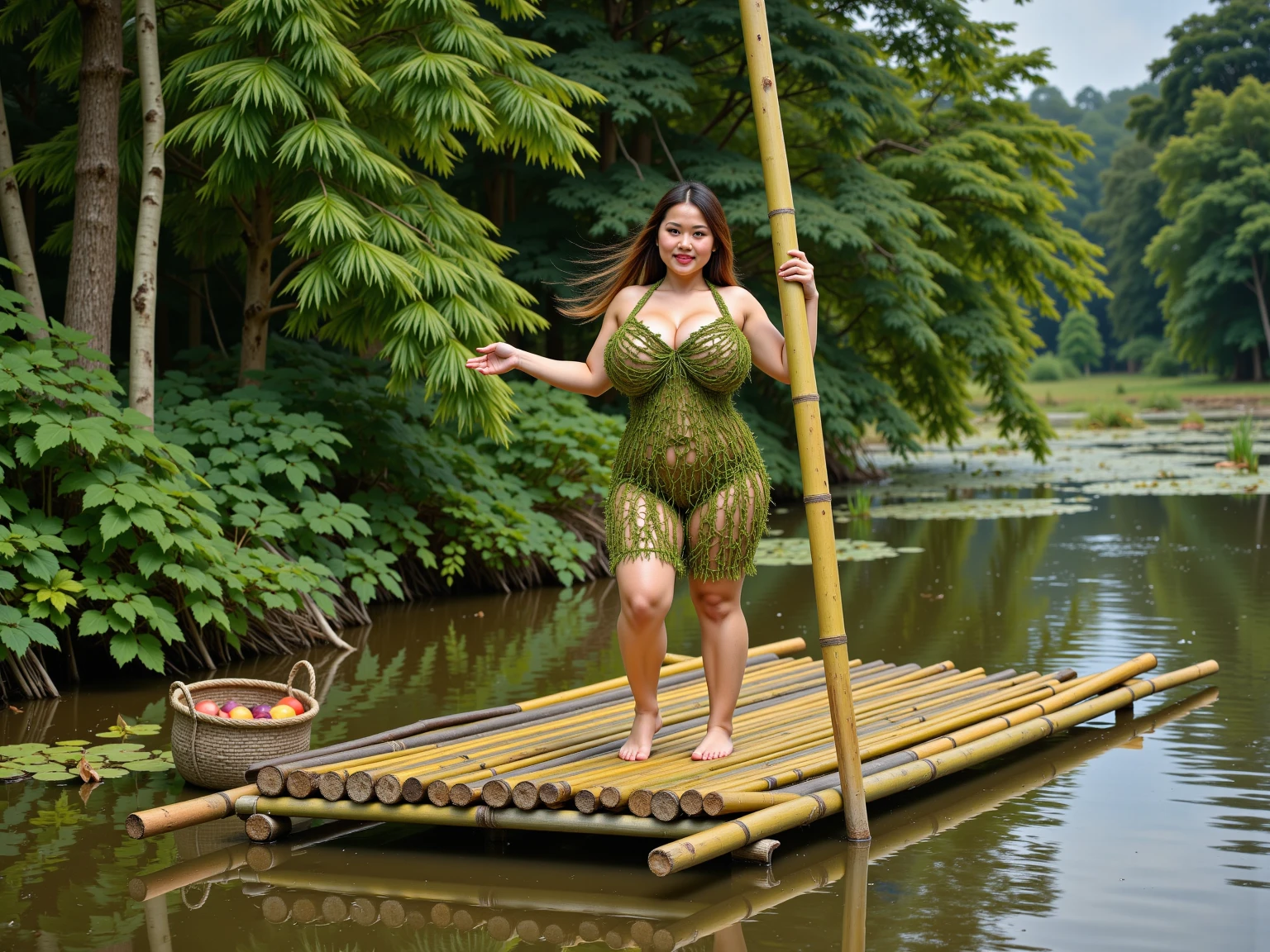 Best quality, masterpiece, meticulous detail, photorealistic, high res, full body shot of a hot beautiful busty botanical woman with perfect big breast (red hair, plant bikini) in the misty river woods, super big breast, big hips, big ass, long leg, sexy, seductive, flawless white skin