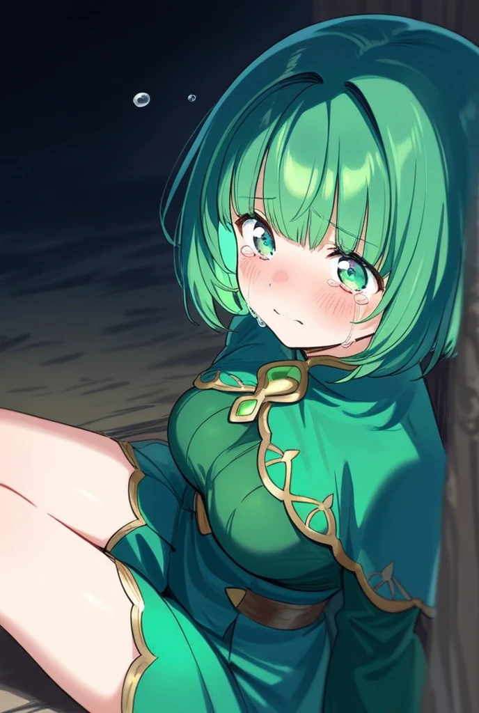 top-quality、hight resolution、detaileds, Desert People、Green cloak over underwear、Inside the desert city at night、green short-haired、Fantasy worldview、