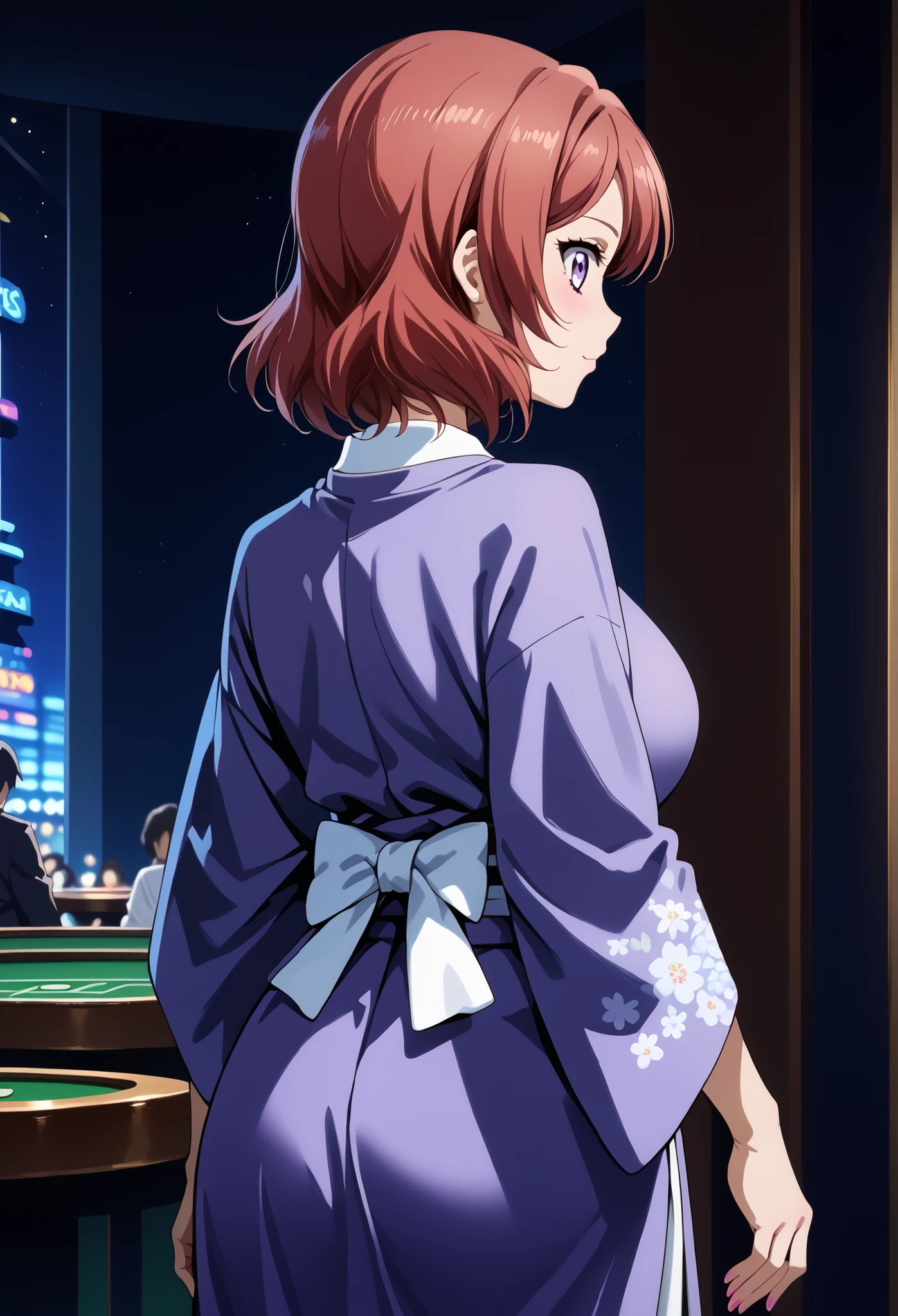 score_9, score_8_up, score_7_up, source_anime, 4K,perfect fingers,(perfect hands, perfect anatomy),prefect lighting, very aesthetic, intricate details,highly detailed background, masterpiece, high quality, best quality,
1girls,makinishikino, maki nishikino, short hair, purple eyes, red hair,((large breast)),
wearing ((purple kimono, bottomless, )) ,,
casino, from back view, Look back with a sideways glance,