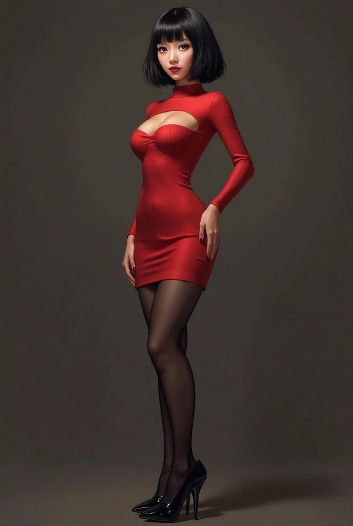 short red dress, undercut platinum bobcut  blonde hair, small breasts, fit, muscular, short hair, mercenary, full body shot