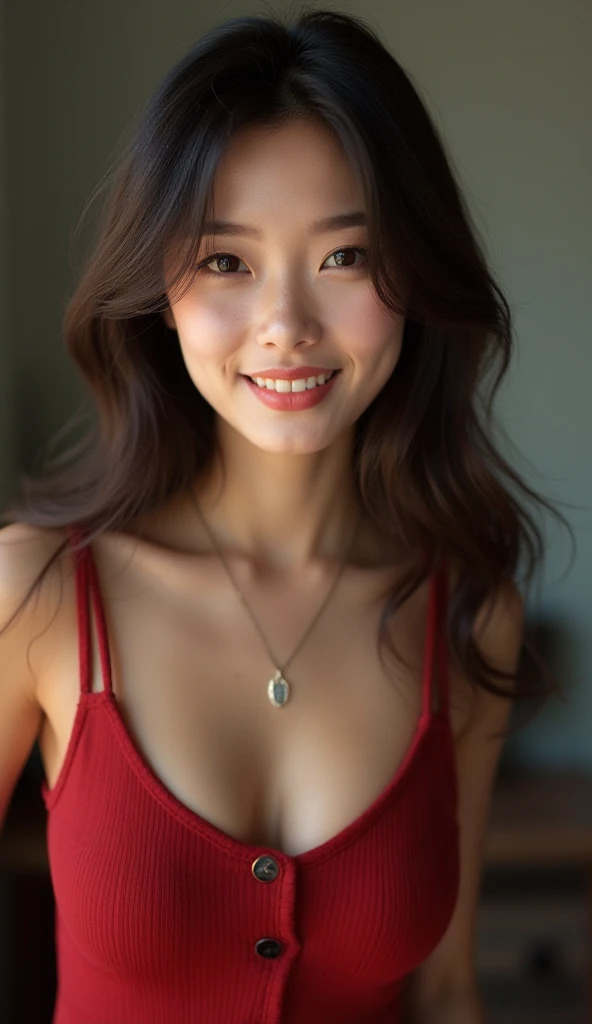 Here's the English translation:

"Create an image of an 18-year-old Asian girl wearing red clothes, with a cute face and smiling. The image should be full-body, slightly revealing, youthful, and realistic."