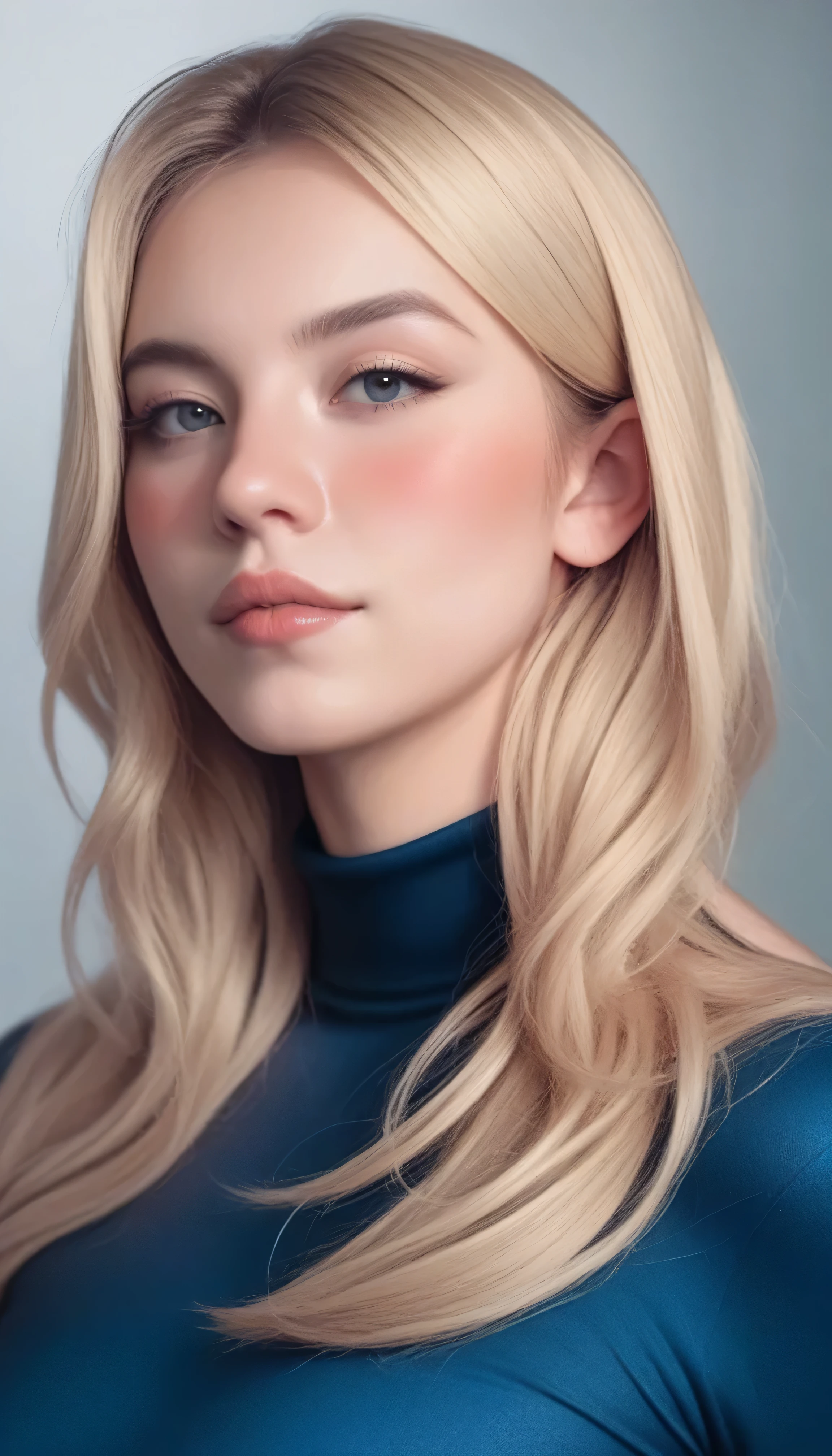 Beautiful woman with long blonde hair, wearing a blue longsleeve spandex, with black turtleneck neckline, seductive expression, blushing, half body portrait, photorealistic,