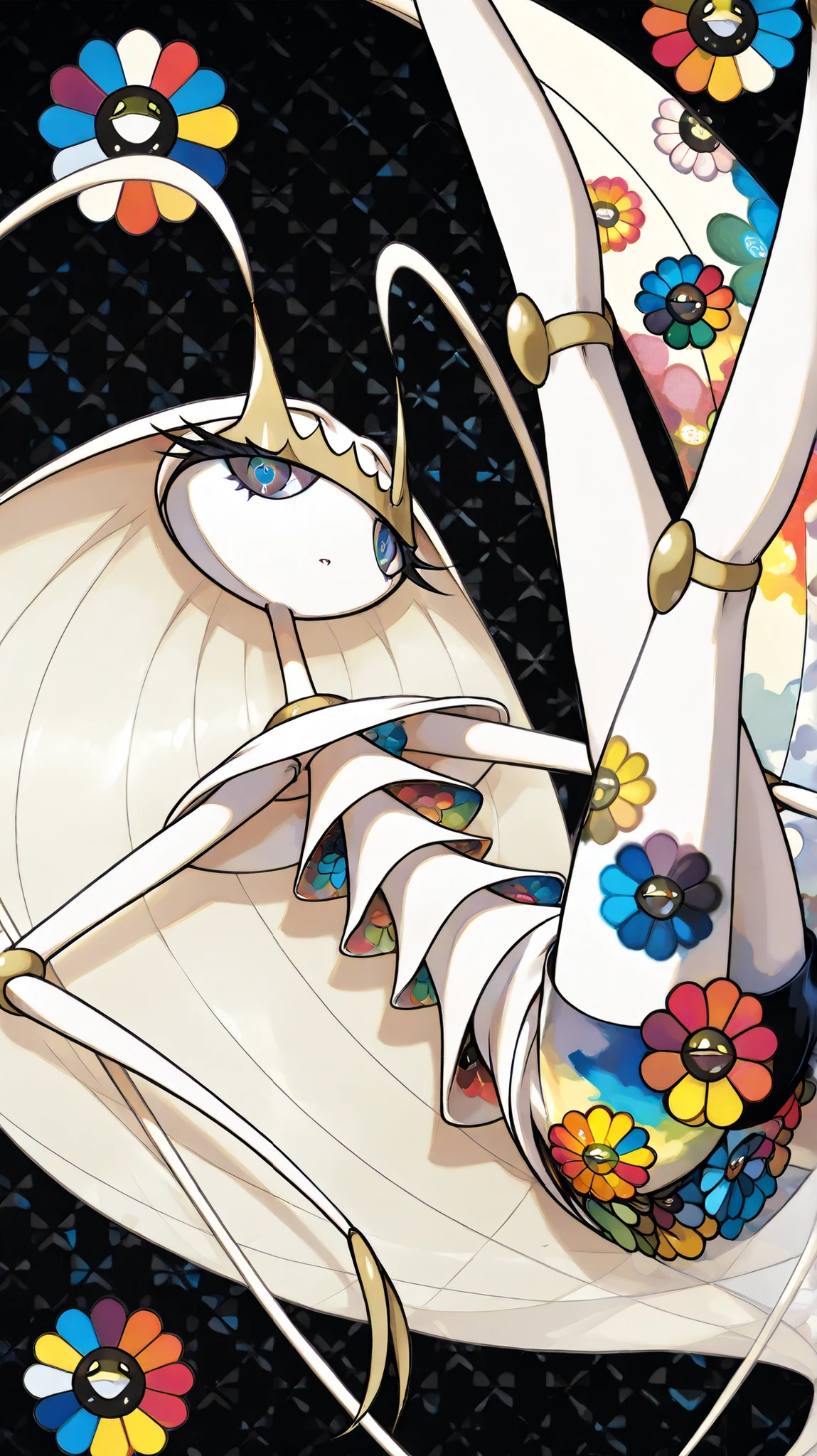 (in style of Takashi Murakami:1.0), beatiful face, feet,best quality,tonemapping, sharp focus, hyper detailed,(pheromosa),best quality,beautiful,pokemon,(2 fingers),(Clear eyes),solo,detaileds,8K,(slender:1.3),wallpaper,jumping kick,(Colorful flowers on black background:1.4), (pheromosa:1.0), intricate digital painting, highly intricate and colorful, dark but detailed digital art, Highly detailed symmetry, detailed digital artwork, Symmetrical intricate details, plethora of colors,colorful intricate masterpiece,(kaleidoscopic:1.1),(Geometric pattern background)、Sticker style,flower painted body, (cel anime:1.3)