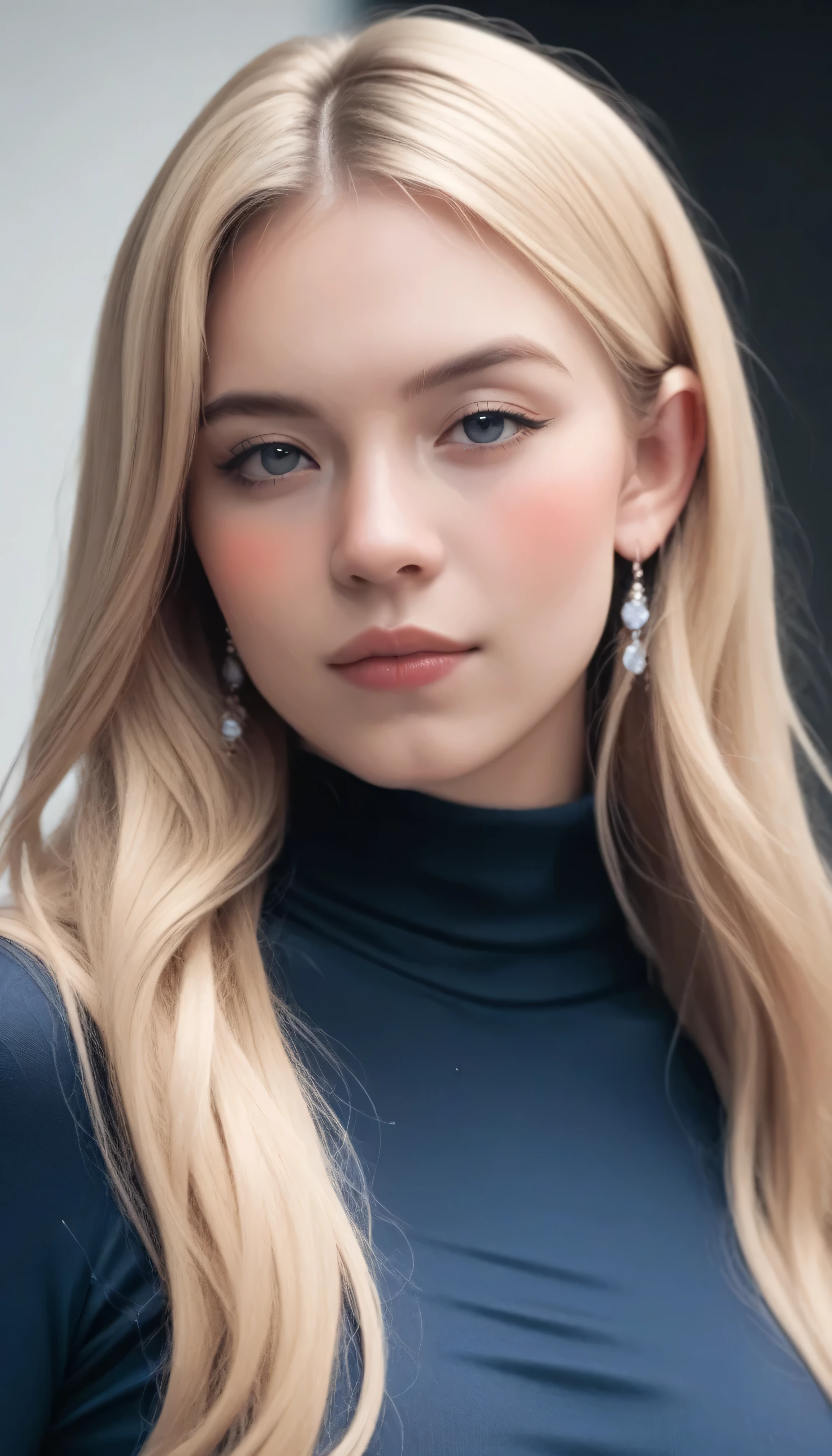 Beautiful woman with long blonde hair, wearing a blue longsleeve spandex with black turtleneck and neckline, seductive expression, blushing, half body portrait, photorealistic,